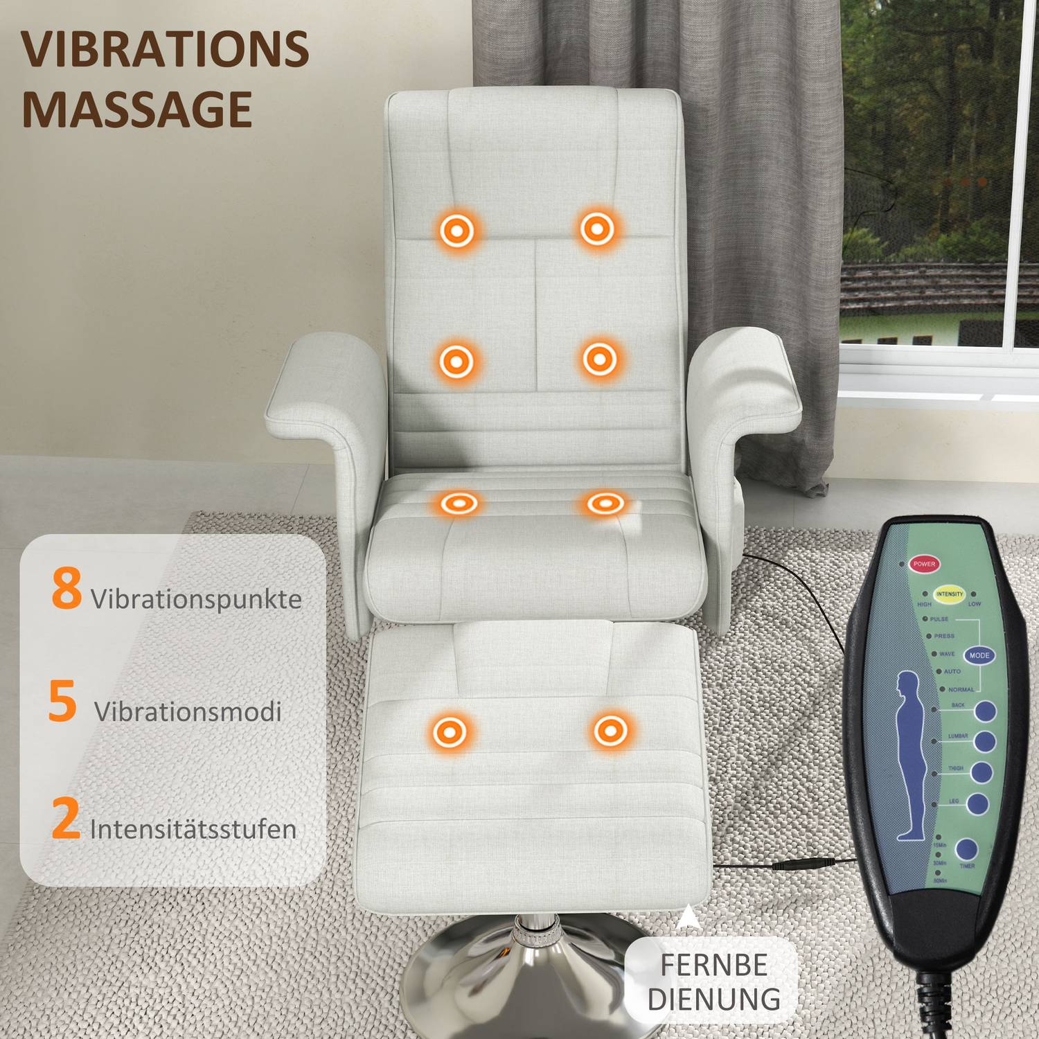 Gräddvit liggande massagestol med fotpall, 8-punktsvibration