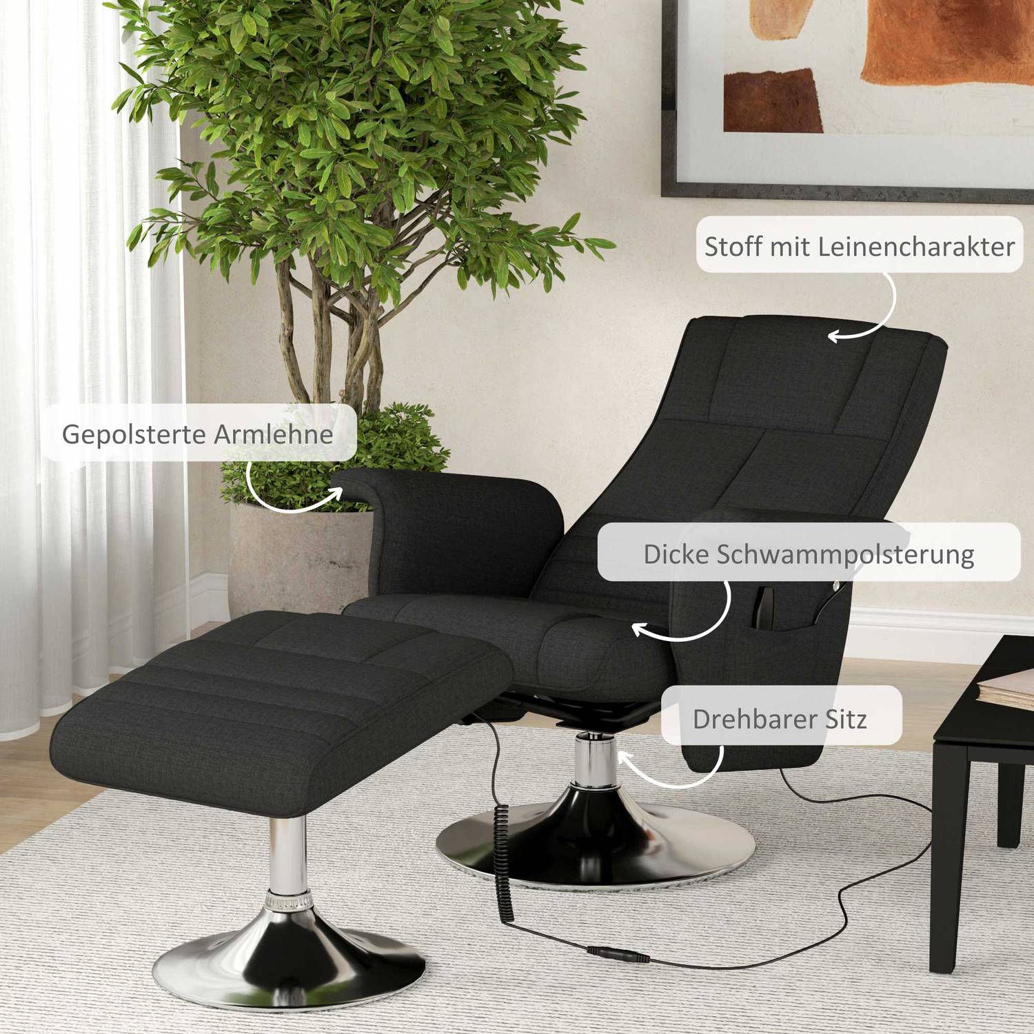 Roterande liggande massagestol med ottomanskt, svart linne