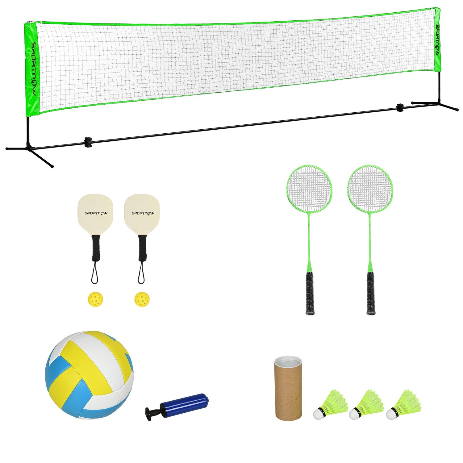 Badminton- och volleybollset med nät, fjäderbollar, 4 racketar