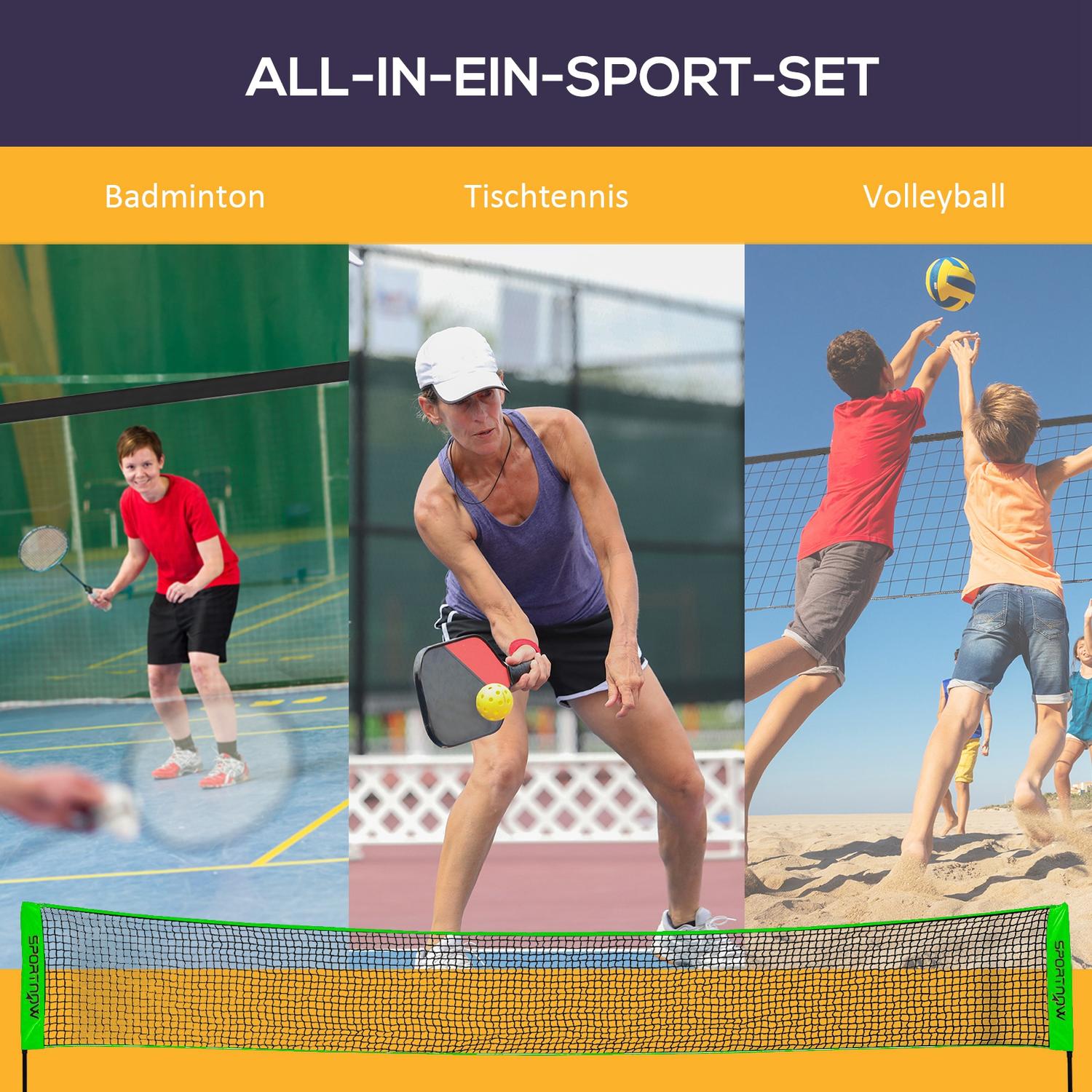 Badminton- och volleybollset med nät, fjäderbollar, 4 racketar