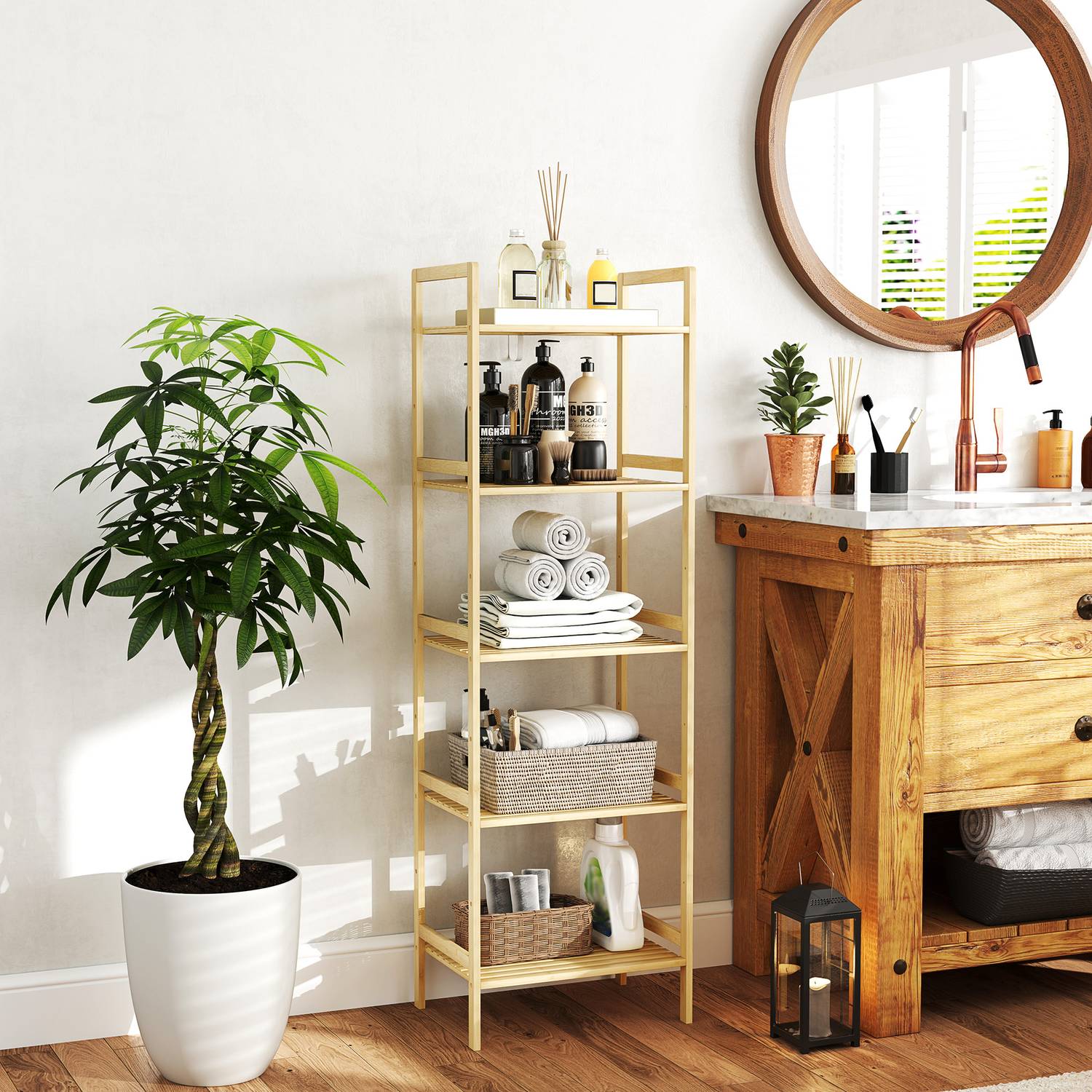 Bambu 5-vånings justerbar hylla, 43,5x31,5x142 cm – naturligt trä