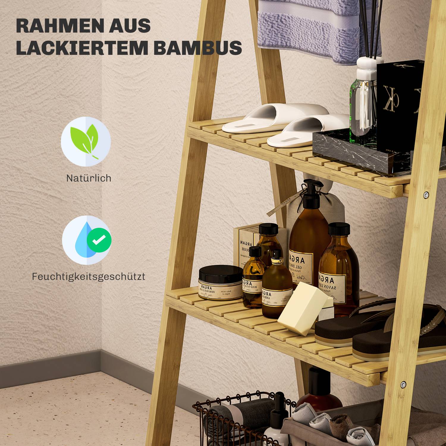 Badrumshylla i bambu med 3 nivåer och handdukshållare
