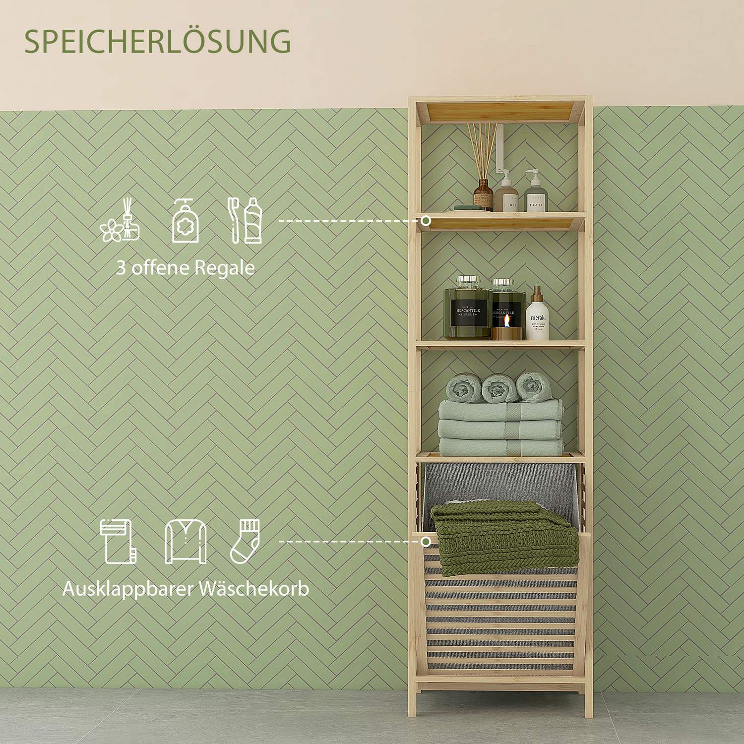 Badrumshylla i bambu med 3 våningar och tygkorg