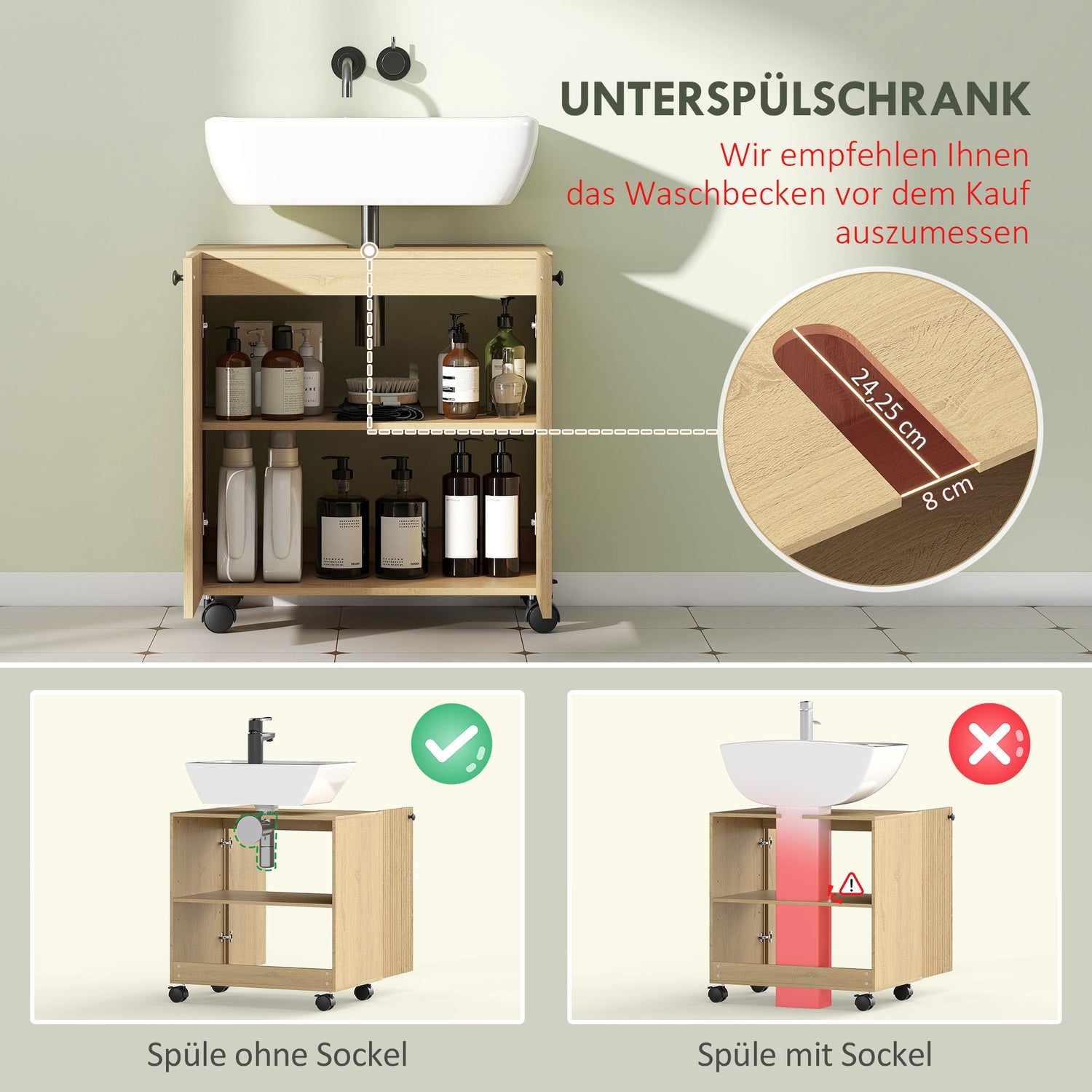 Badrumsskåp, 3-våningshylla, trä, hjul