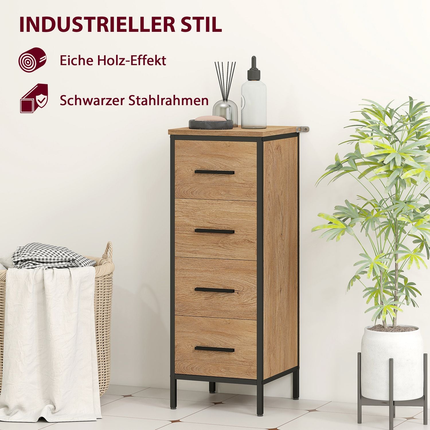 Badrumsskåp, 4 lådor, kompakt, industriell stil