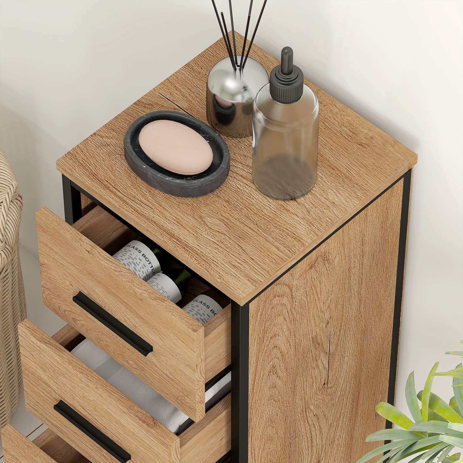 Badrumsskåp, 4 lådor, kompakt, industriell stil