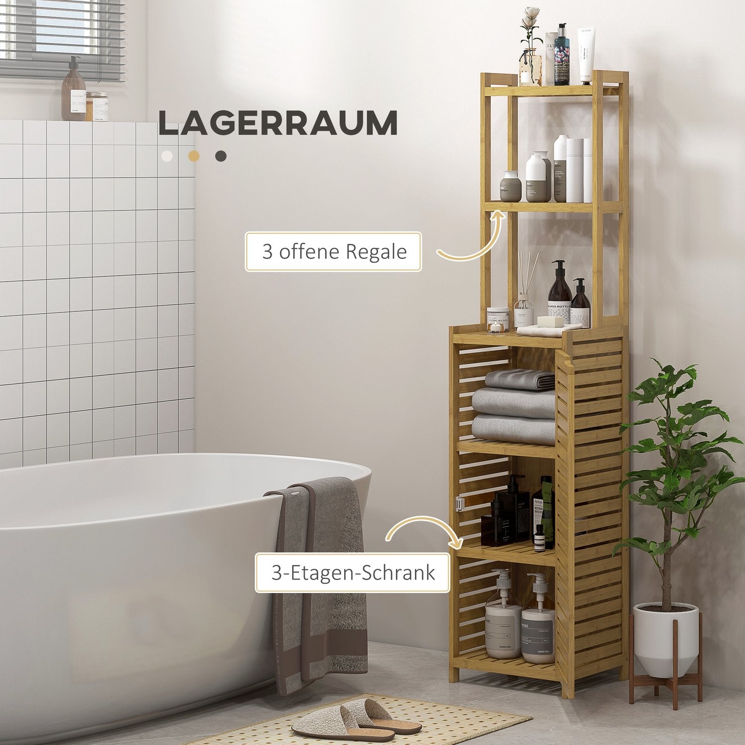 Badrumsskåp i bambu med 3 fack, tippskydd
