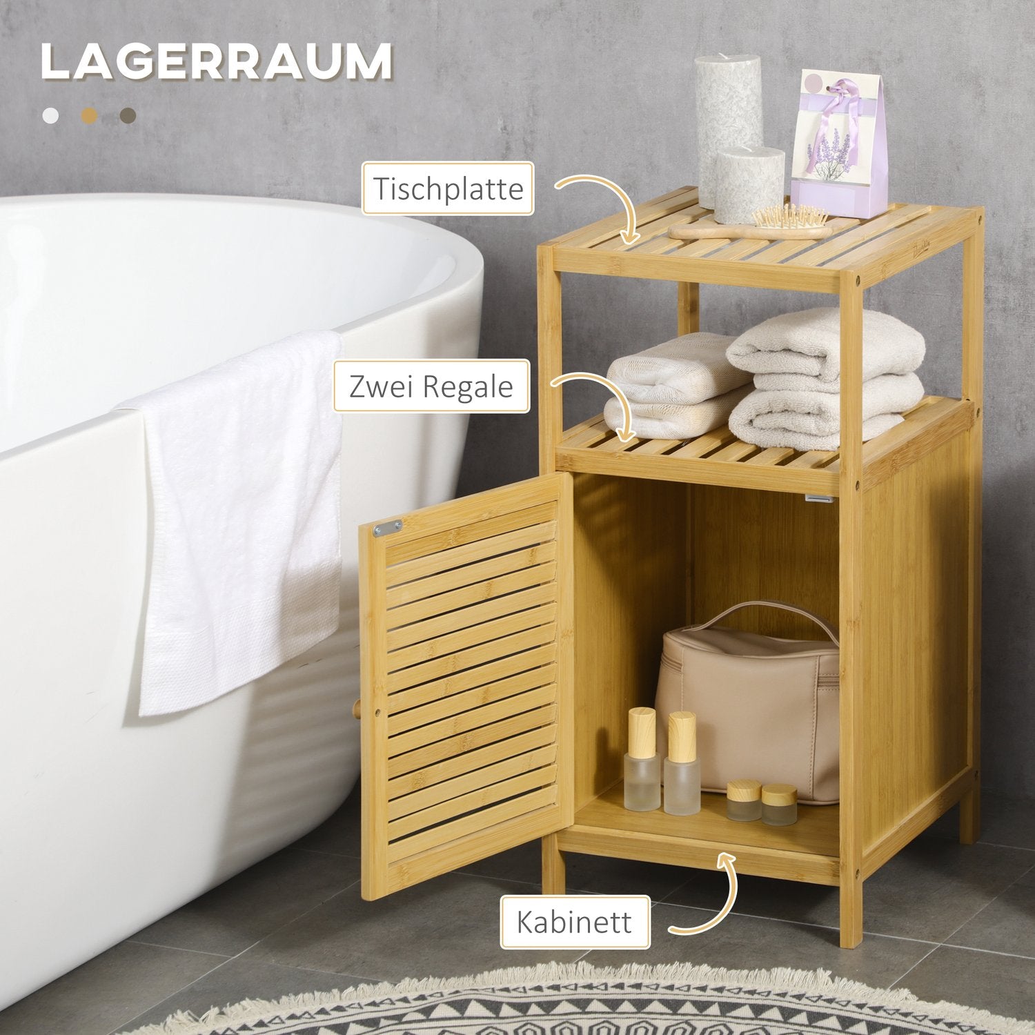 Badrumsskåp i bambu, öppen hylla, tippskyddsdesign