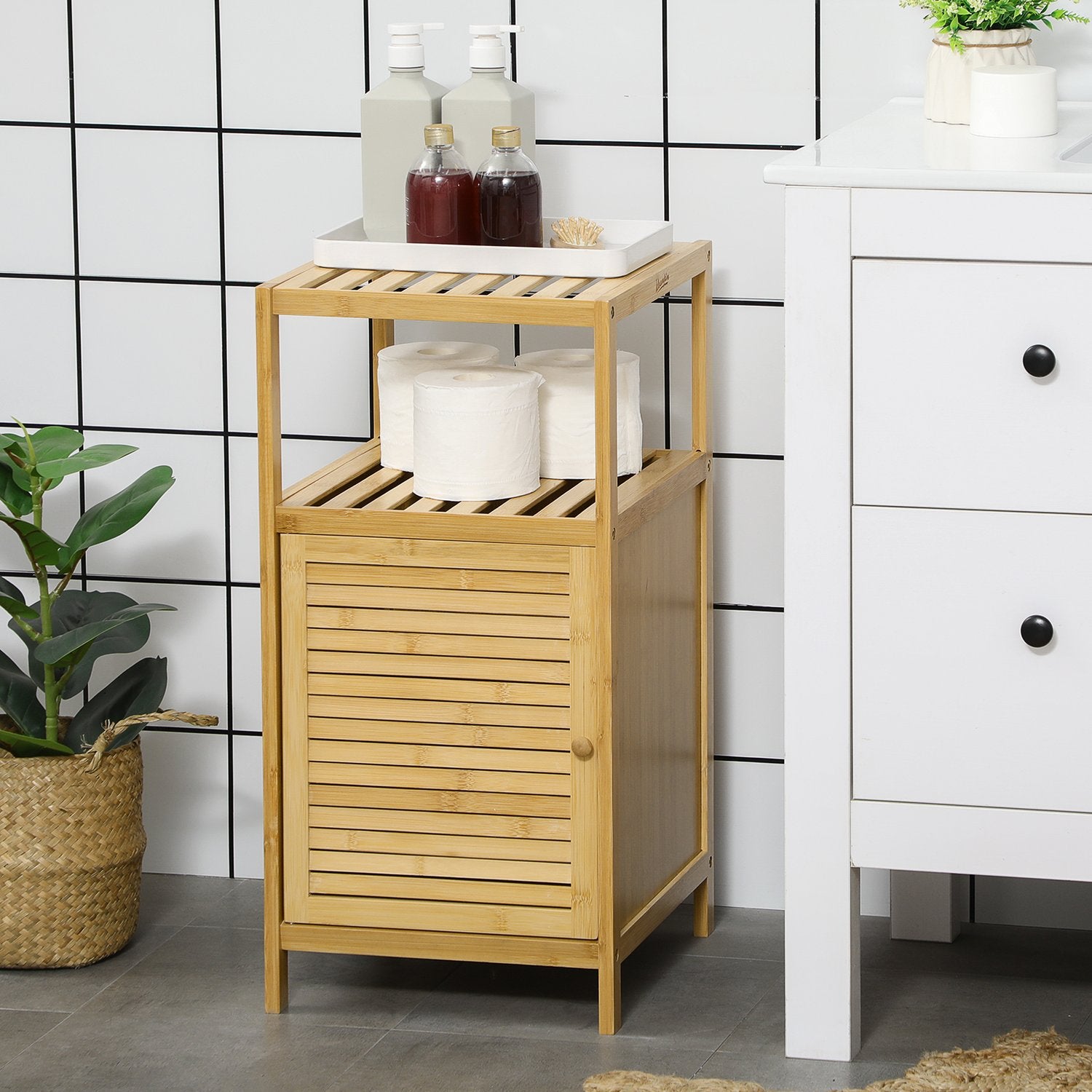 Badrumsskåp i bambu, öppen hylla, tippskyddsdesign