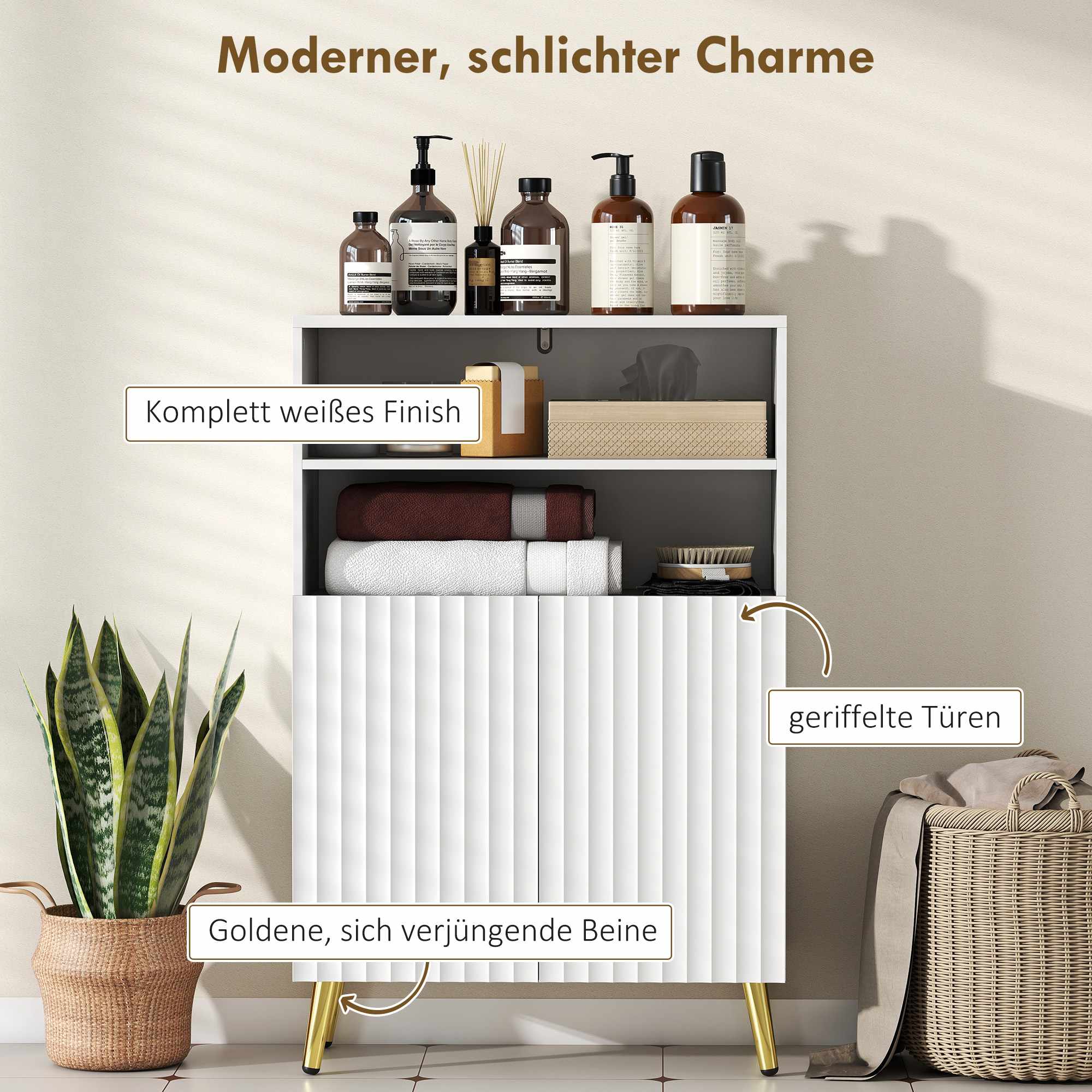 Badrumsskåp, mjukstängande dörrar, 2 öppna hyllor, MDF, vit