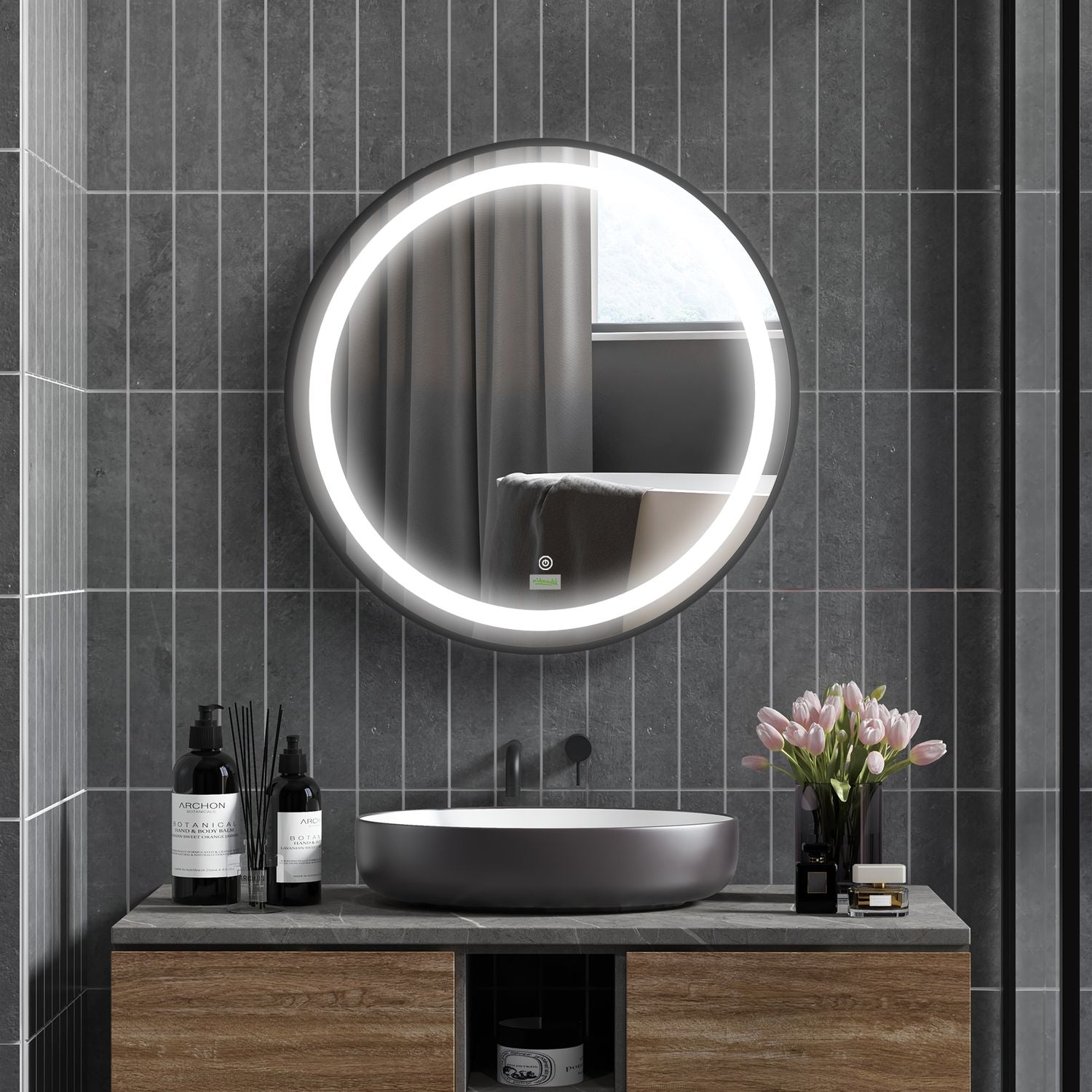 LED badrumsspegel – 60 cm, Touch & Memory, Svart, IP44-klassning