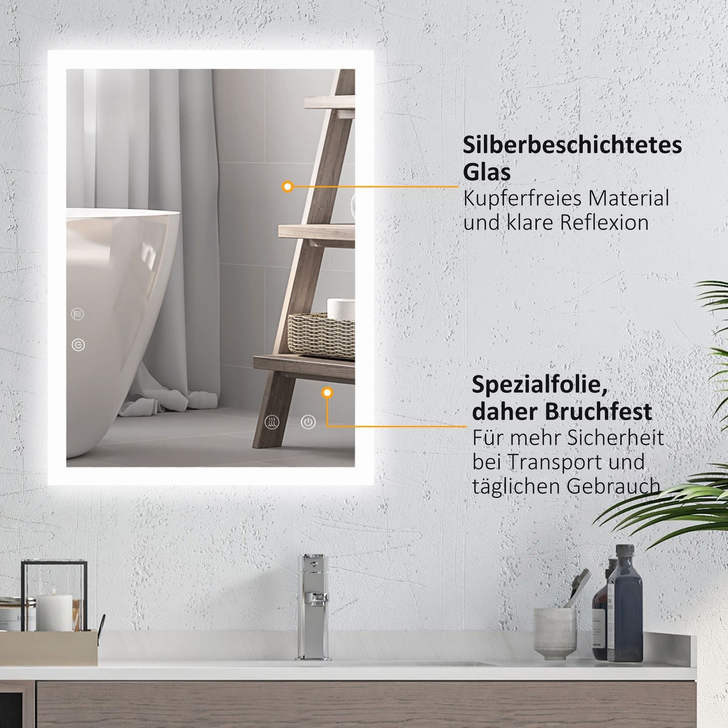 LED Badrumsspegel med Touch Switch, 80x60cm, 3 färger