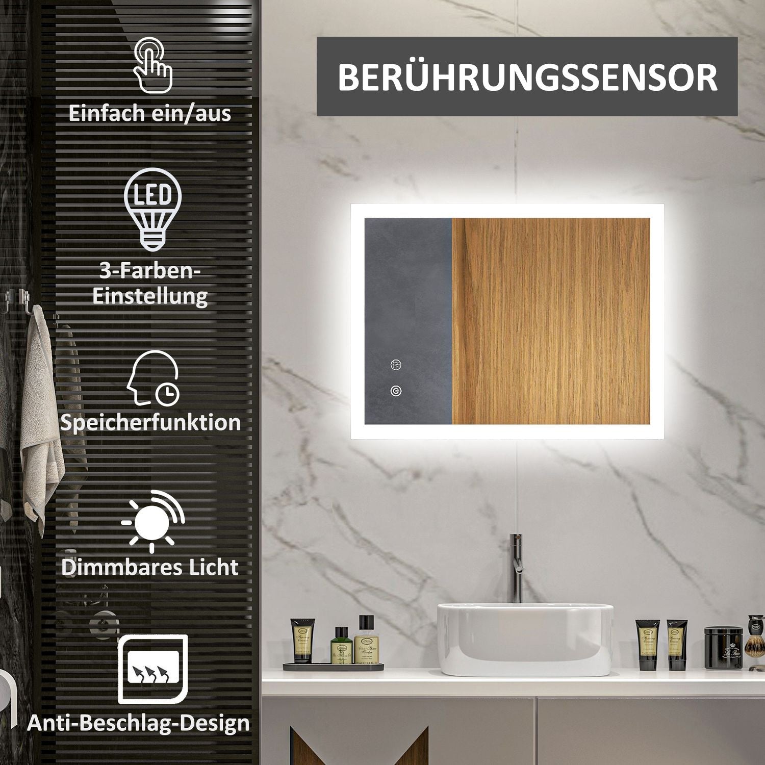 LED Badrumsspegel med Touch Switch, 80x60cm, 3 färger