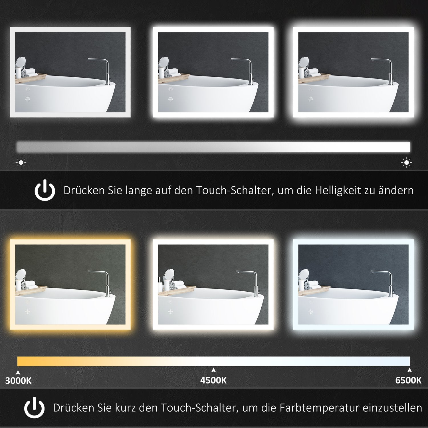 LED Badrumsspegel med Touch Switch, 80x60cm, 3 färger