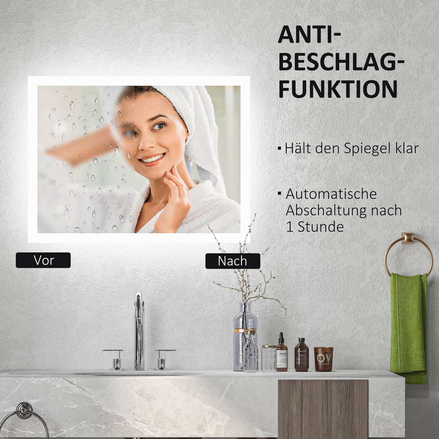 LED Badrumsspegel med Touch Switch, 80x60cm, 3 färger