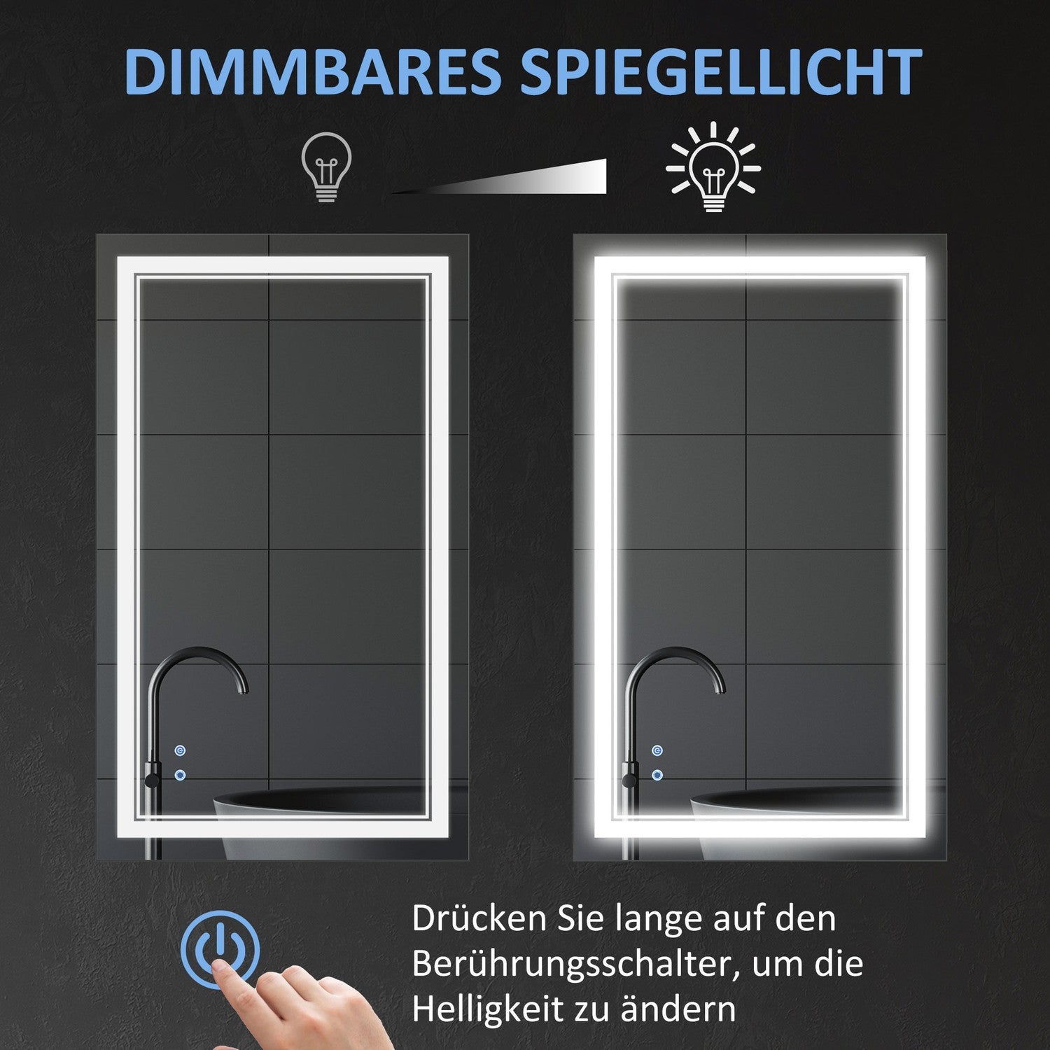 LED Badrumsspegel, Touch Switch, 3 ljusfärger, Vattentät