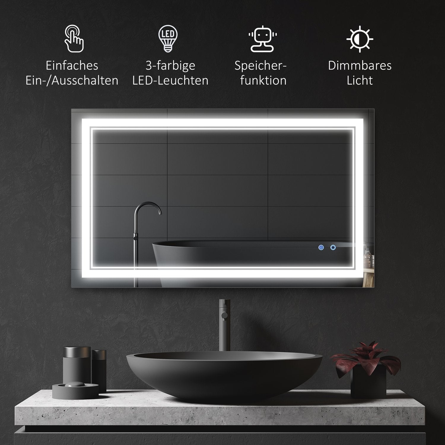 LED Badrumsspegel, Touch Switch, 3 ljusfärger, Vattentät