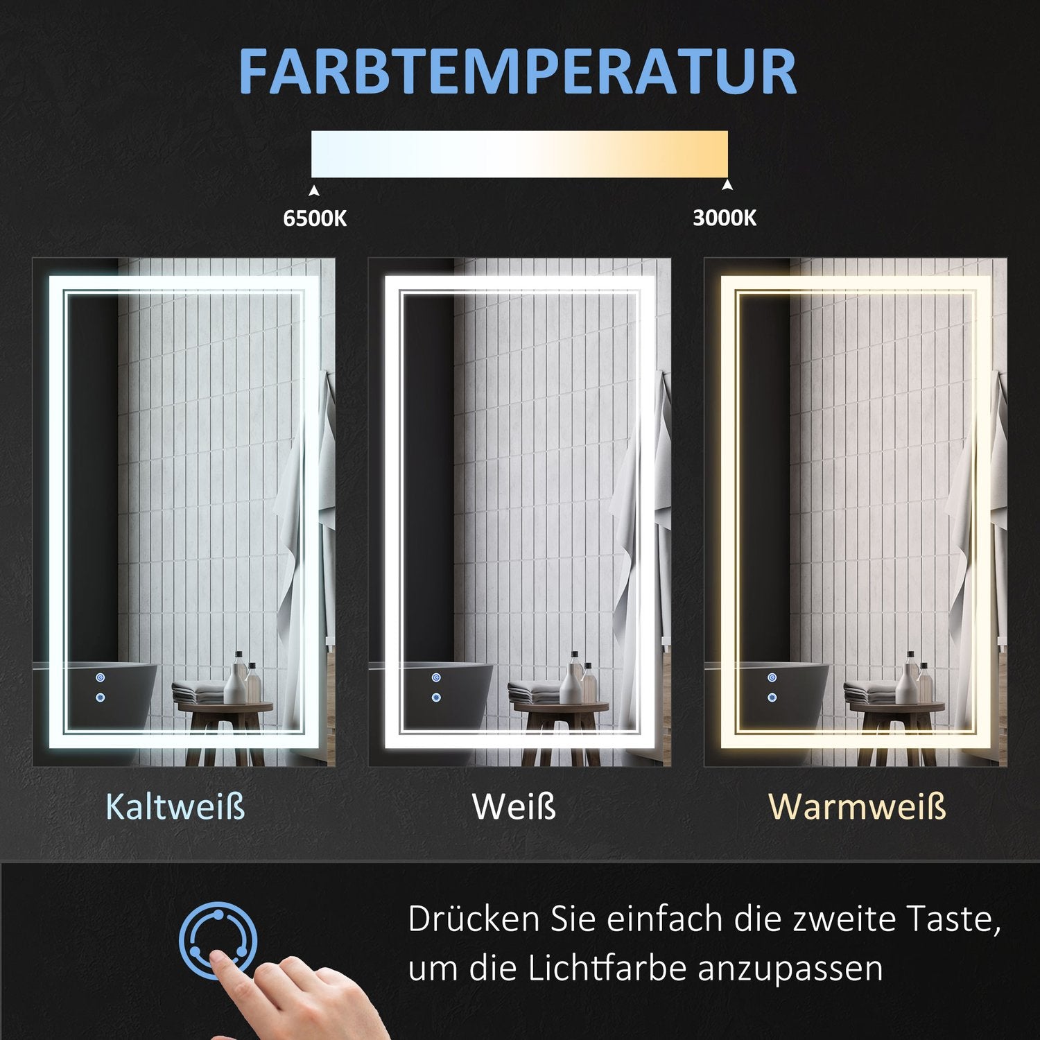 LED Badrumsspegel, Touch Switch, 3 ljusfärger, Vattentät