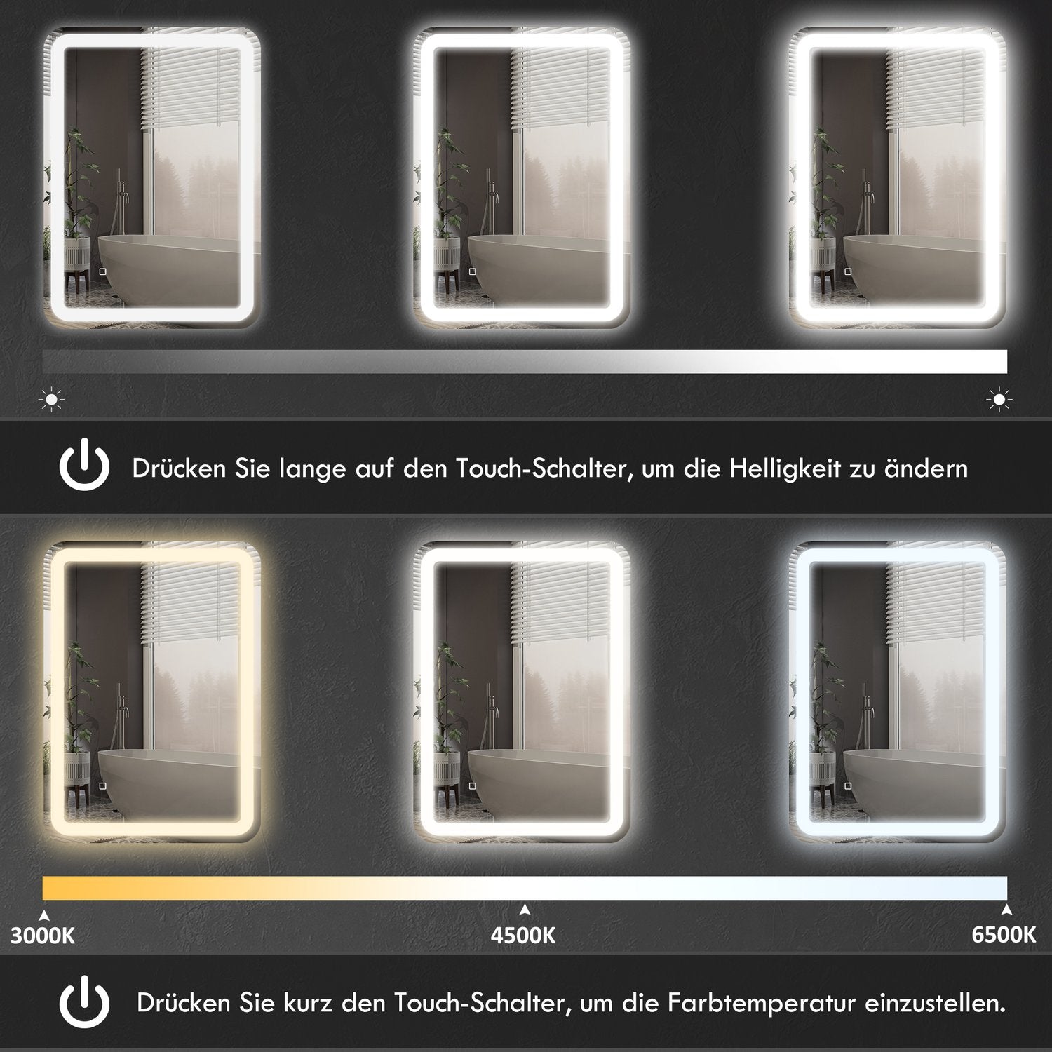 LED Badrumsspegel, 50x70cm, Anti-Imma, Touch Switch
