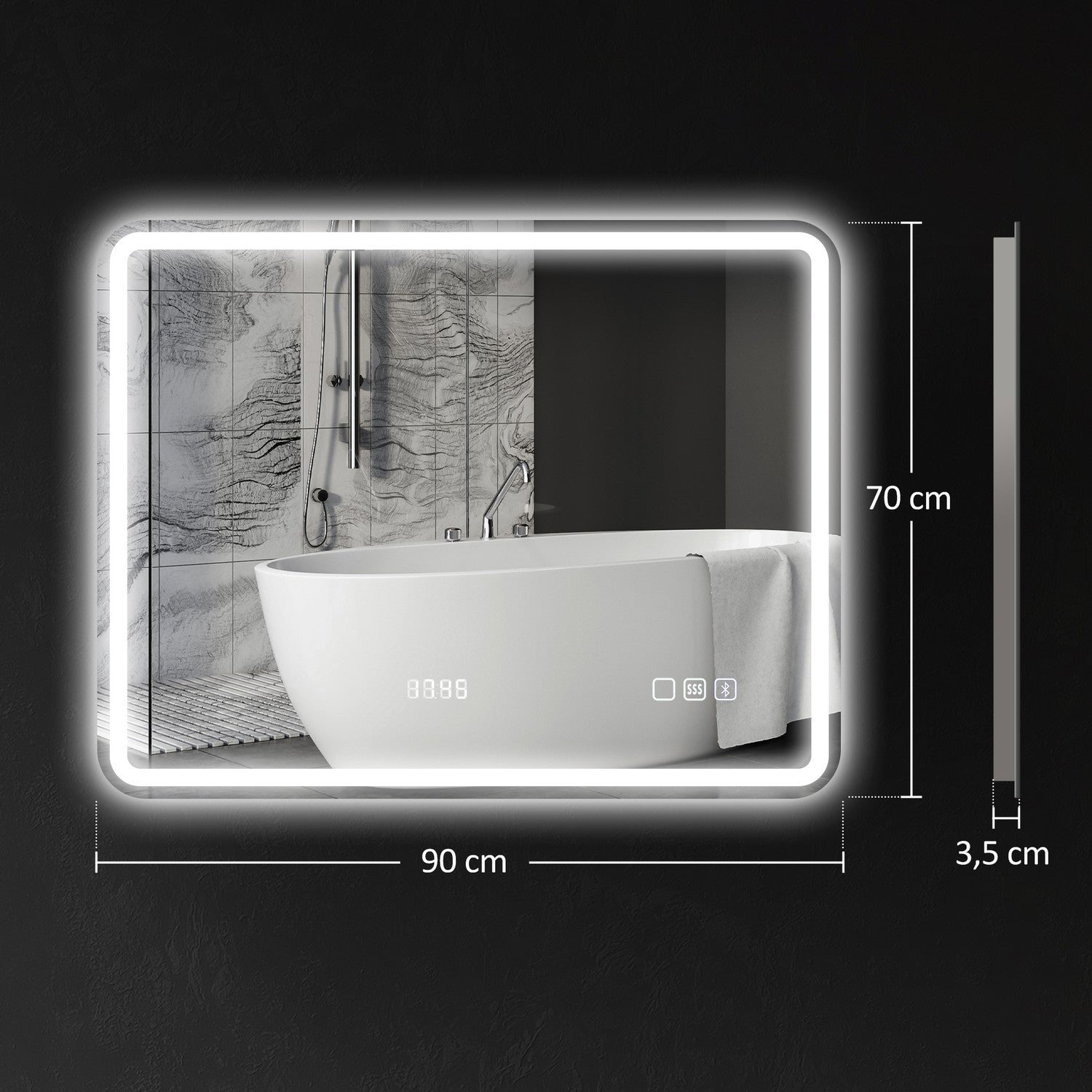 Badrumsspegel med LED-belysning, anti-dimdyna, 3 justerbara färger, klocka, 700 x 900 mm, silver
