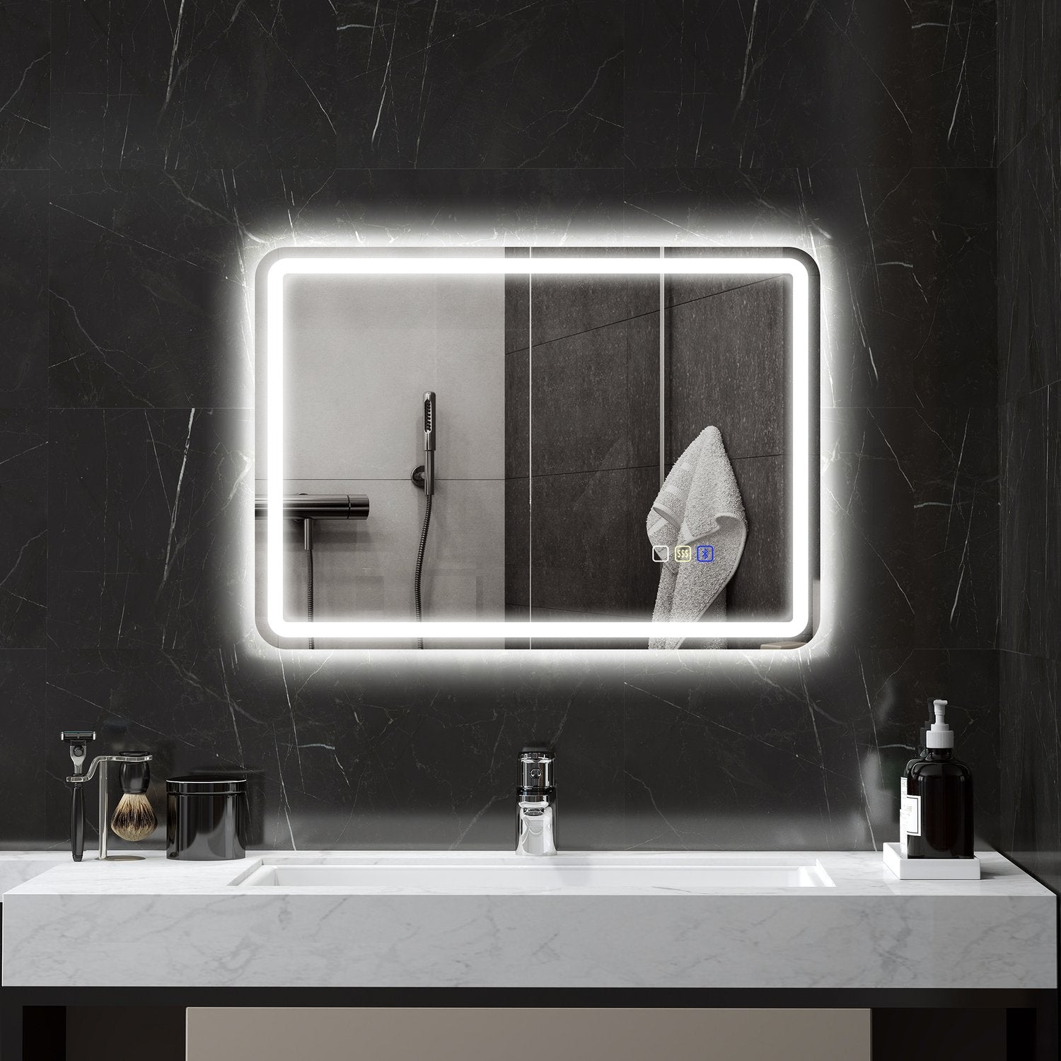 Badrumsspegel med LED-belysning, anti-dimkudde, 3 justerbara färger, 700 x 900 mm, silver