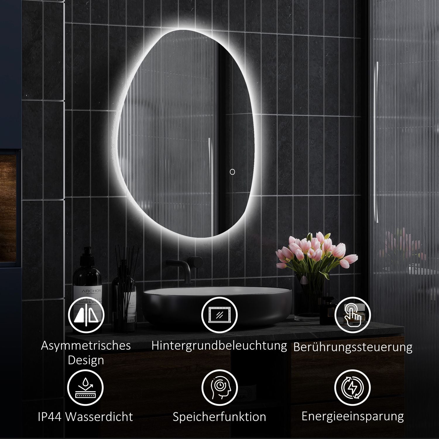 LED badrumsspegel med ljus, anti-dimma, pekbrytare