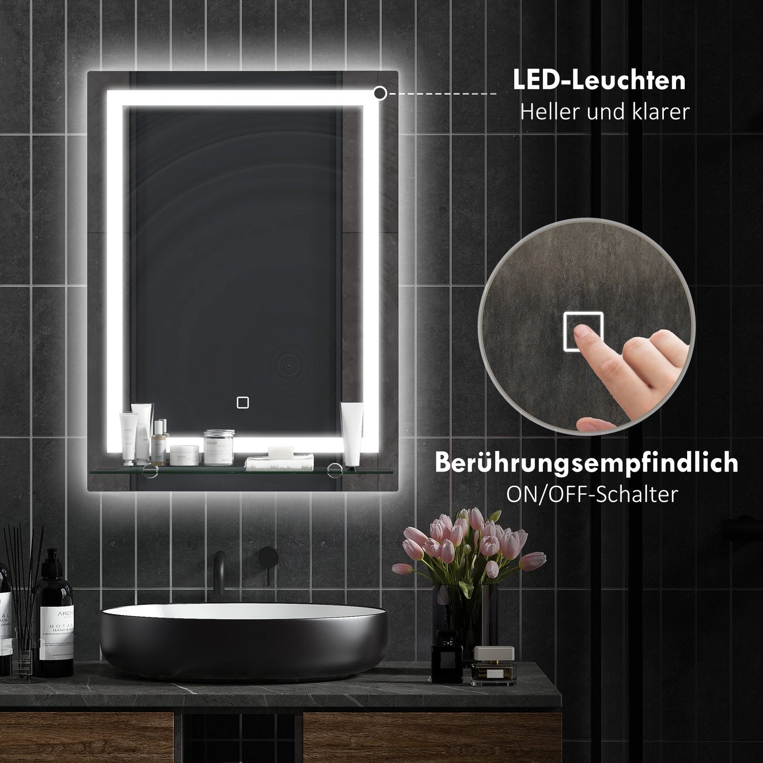 Badrumsspegel med Touch Switch, 3 ljusfärger, 50x70 cm