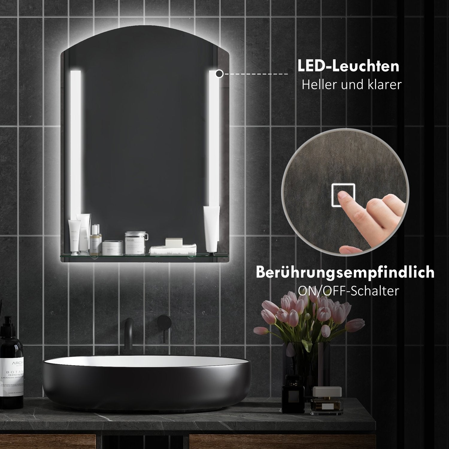 Badrumsspegel med lampor, 3 färger & Touch Switch, 50x70cm