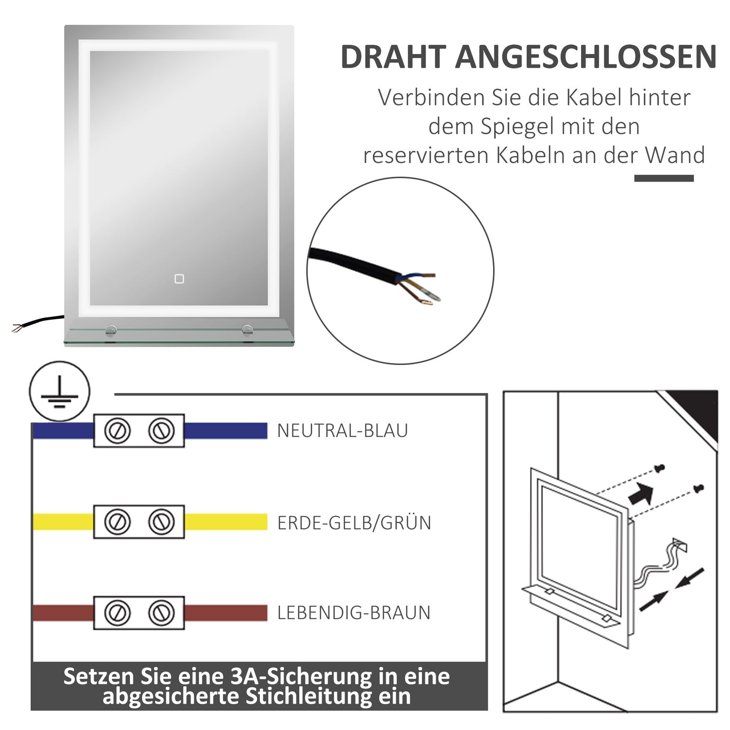 Badrumsspegel med Touch Switch, 3 ljusfärger, 50x70 cm
