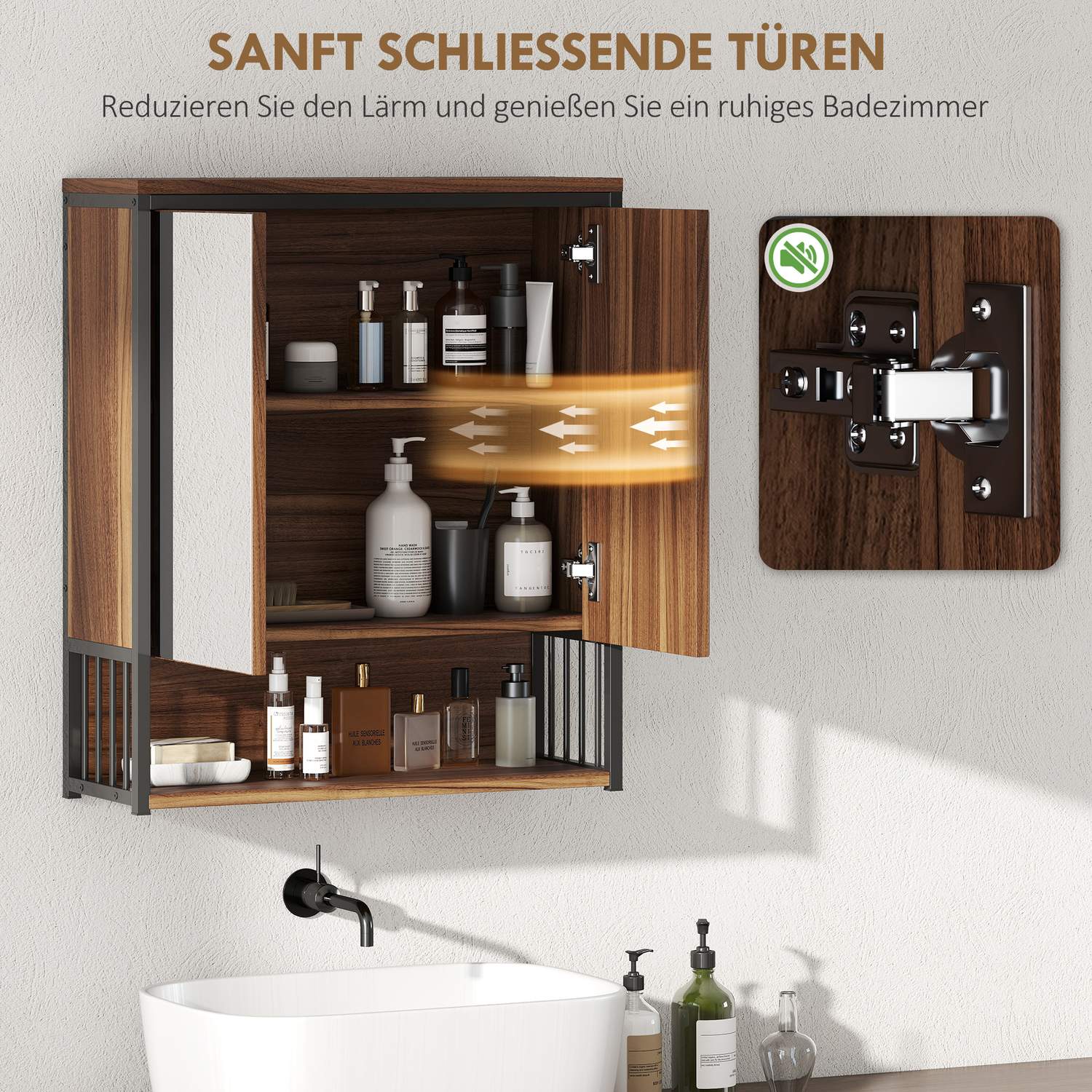 Badrumsspegelskåp, Väggmonterad, Soft-Close, Brun, MDF