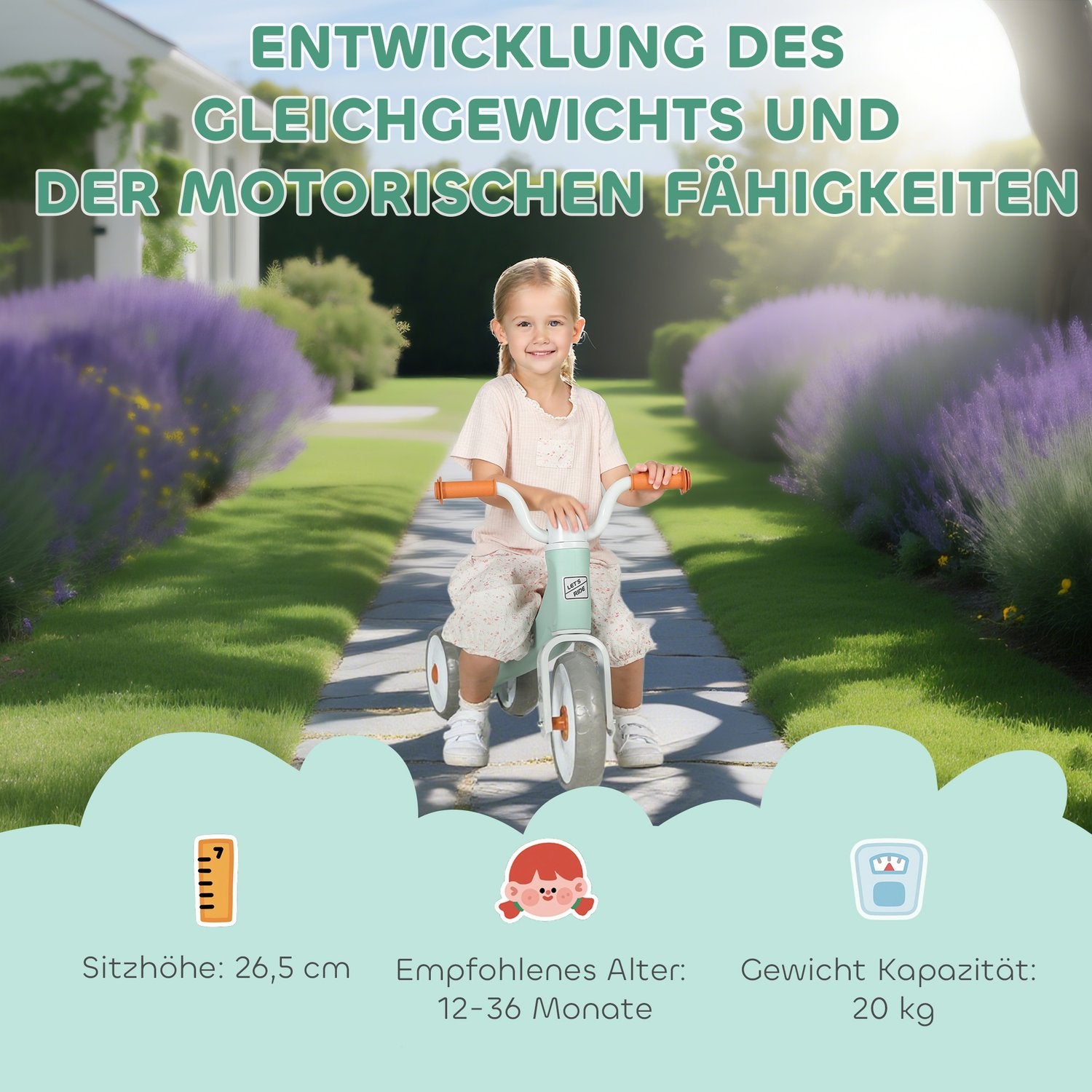 Balanscykel för småbarn, utan pedaler, 3 tysta hjul, grön