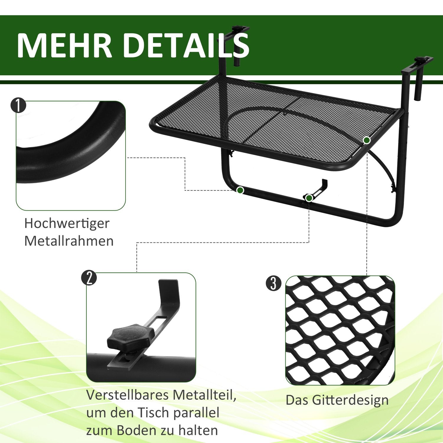 Balkong Justerbart fyrkantigt hängbord i metall, svart, 60x56,5x45cm