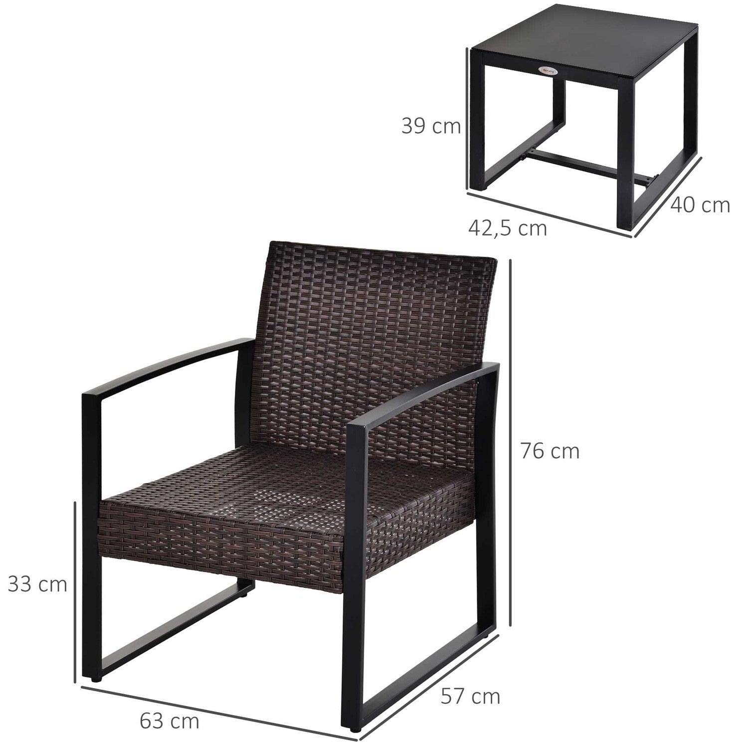 Balkongmöbelset i polyrattan för 2, kuddar medföljer