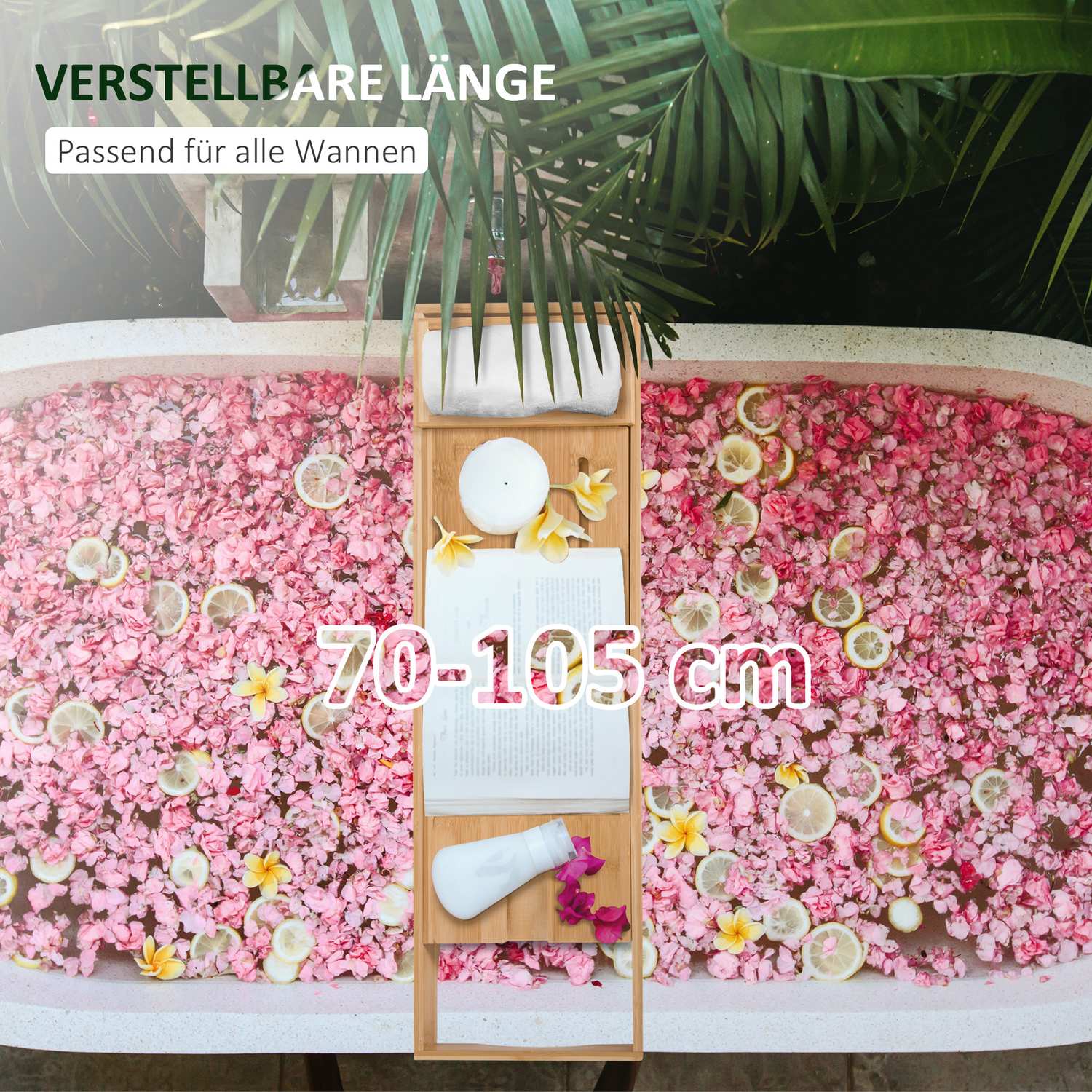 Justerbar badkarshylla i bambu med kudde, naturligt trä