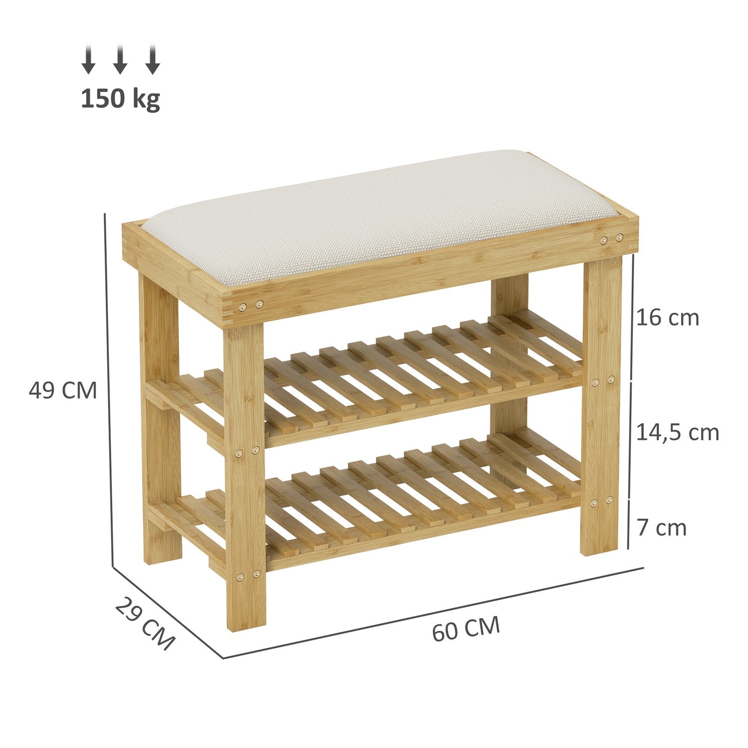 Bambu Skobänk med förvaring, Gräddvit, 60x29x49 cm
