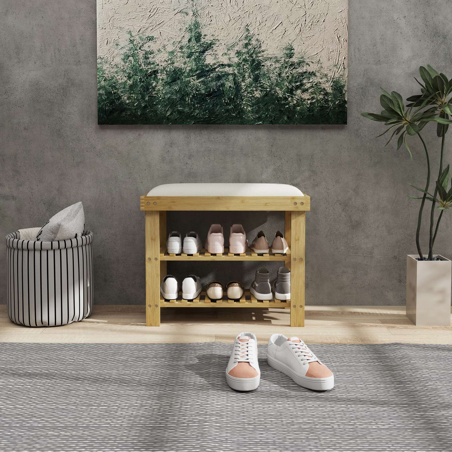 Bambu Skobänk med förvaring, Gräddvit, 60x29x49 cm