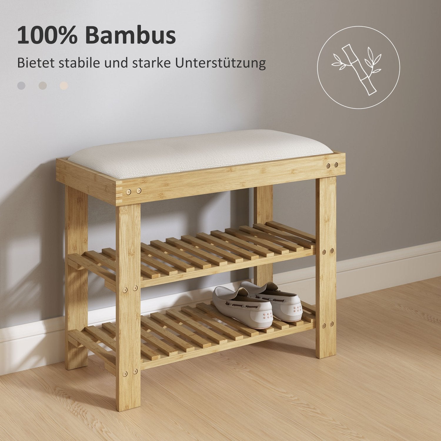 Bambu Skobänk med förvaring, Gräddvit, 60x29x49 cm