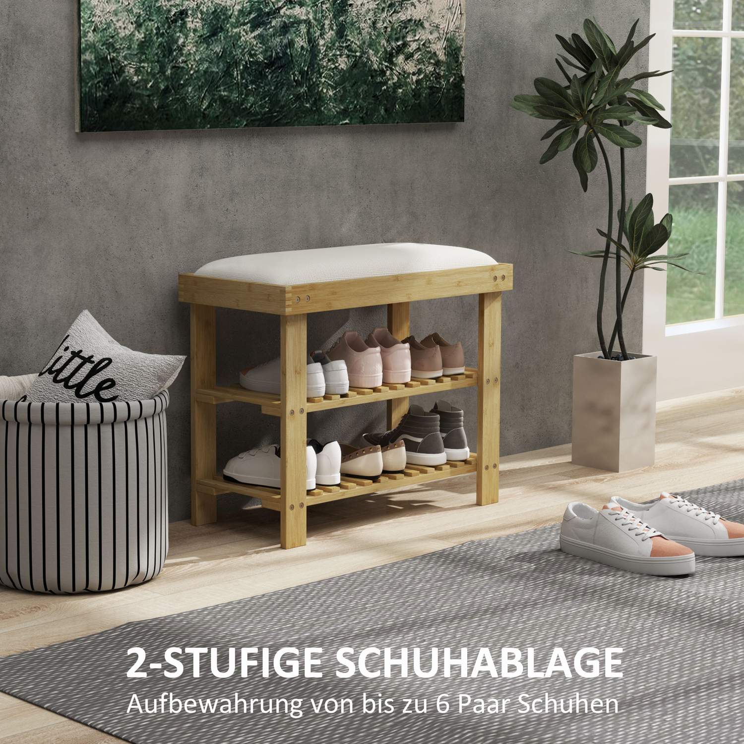 Bambu Skobänk med förvaring, Gräddvit, 60x29x49 cm