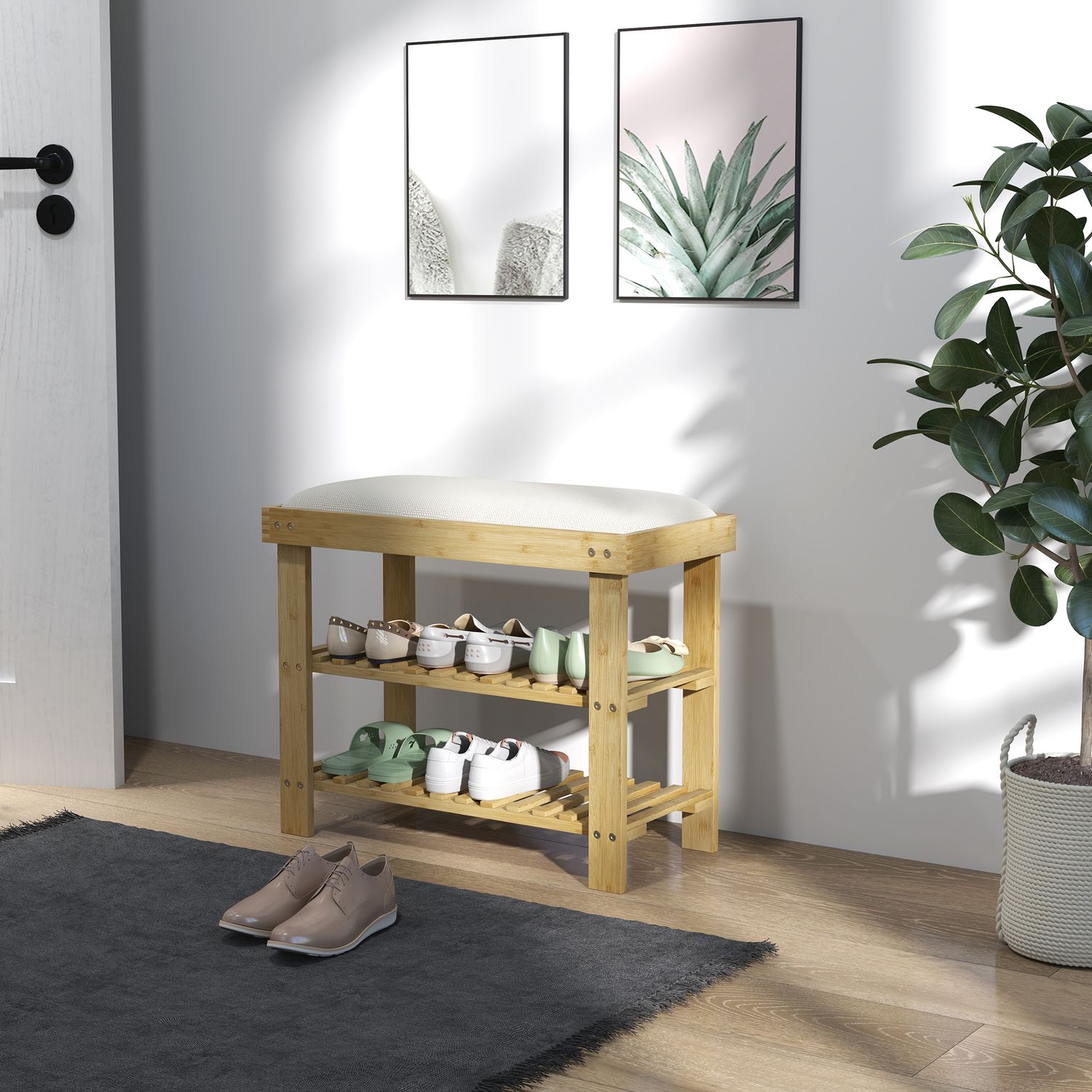 Bambu Skobänk med förvaring, Gräddvit, 60x29x49 cm