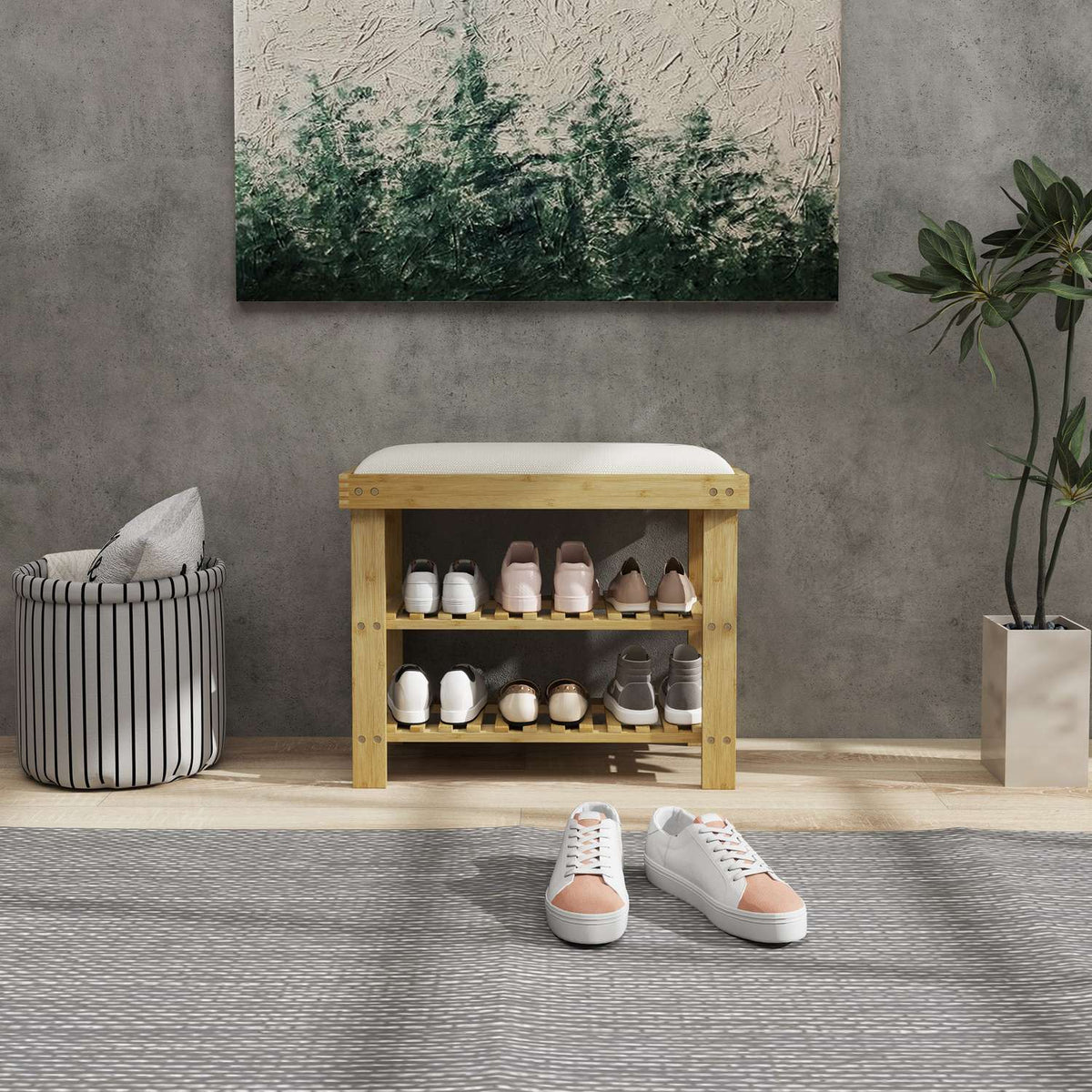Bambu Skobänk med förvaring, Gräddvit, 60x29x49 cm
