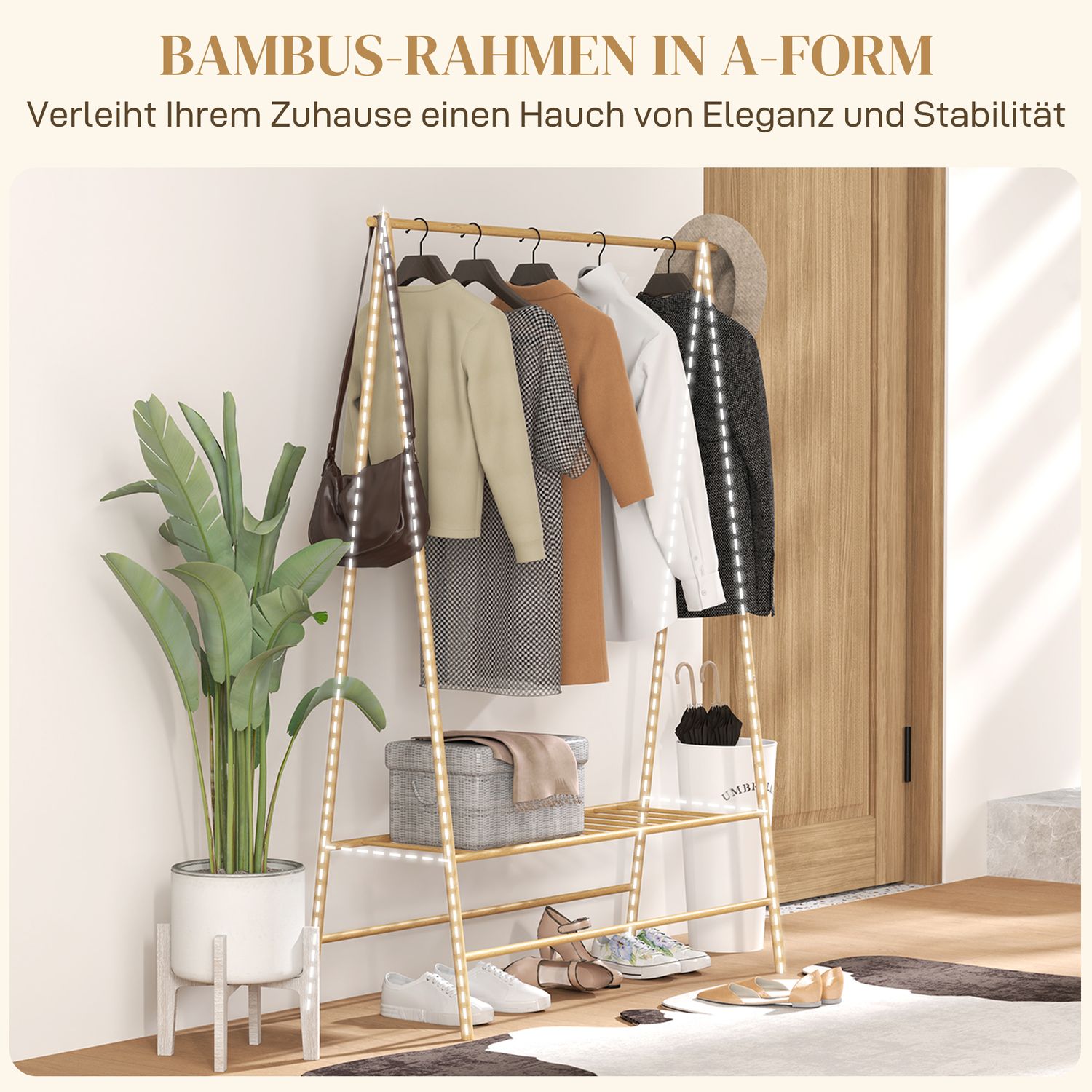 Bambu klädhängare med hyllor och krokar, naturligt trä