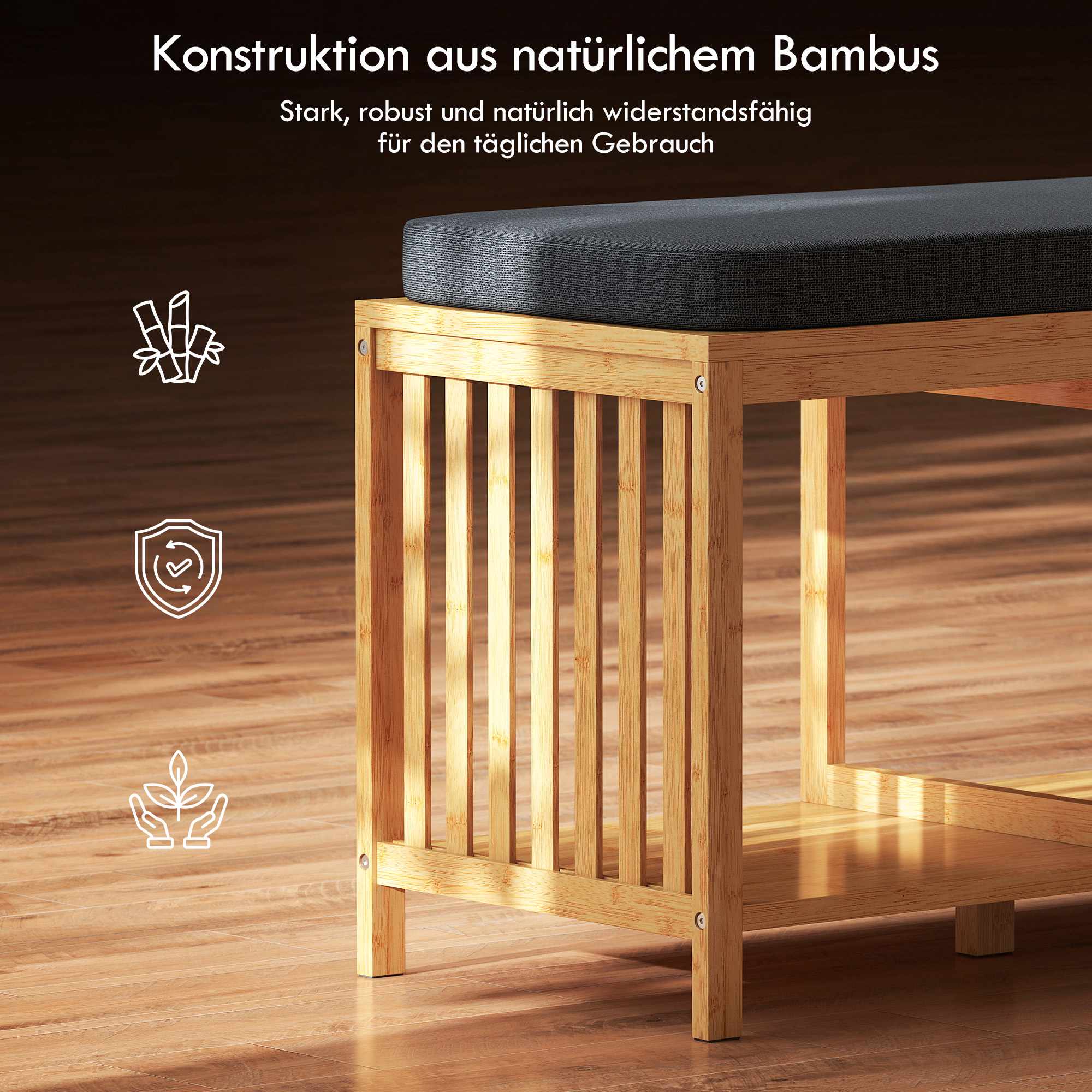 Bambuskobänk med dyna, öppen förvaring, 220 kg kapacitet