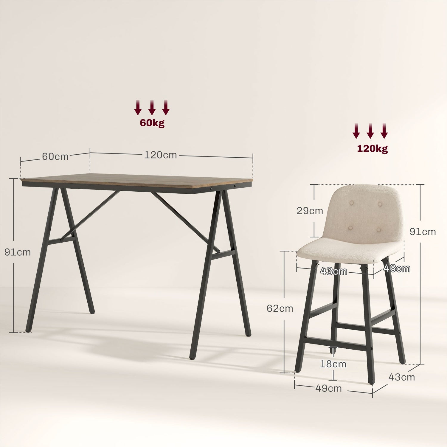 Barbordsset med pallar, 5-delat, stål, beige, 120x60x91 cm