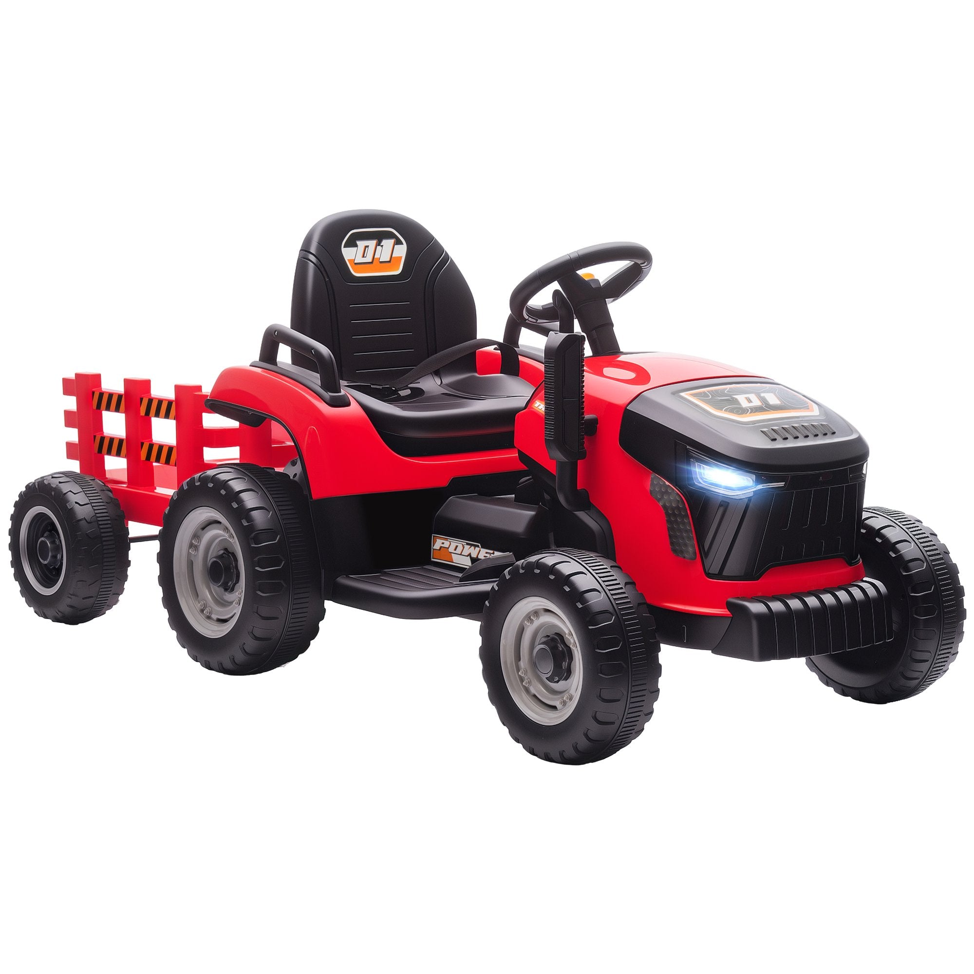 Barn 12V elektrisk åktraktor med fjärrkontroll, släpvagn, röd