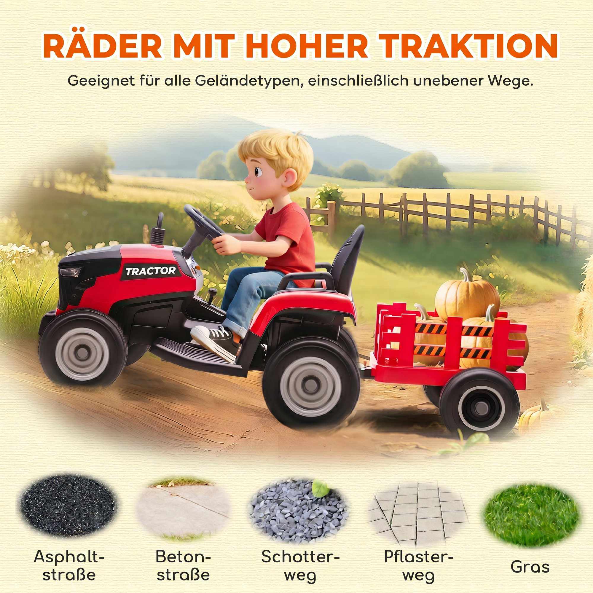 Barn 12V elektrisk åktraktor med fjärrkontroll, släpvagn, röd