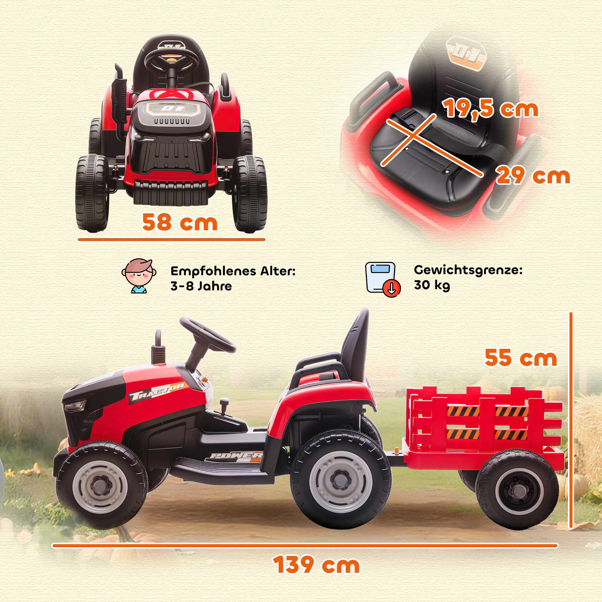 Barn 12V elektrisk åktraktor med fjärrkontroll, släpvagn, röd