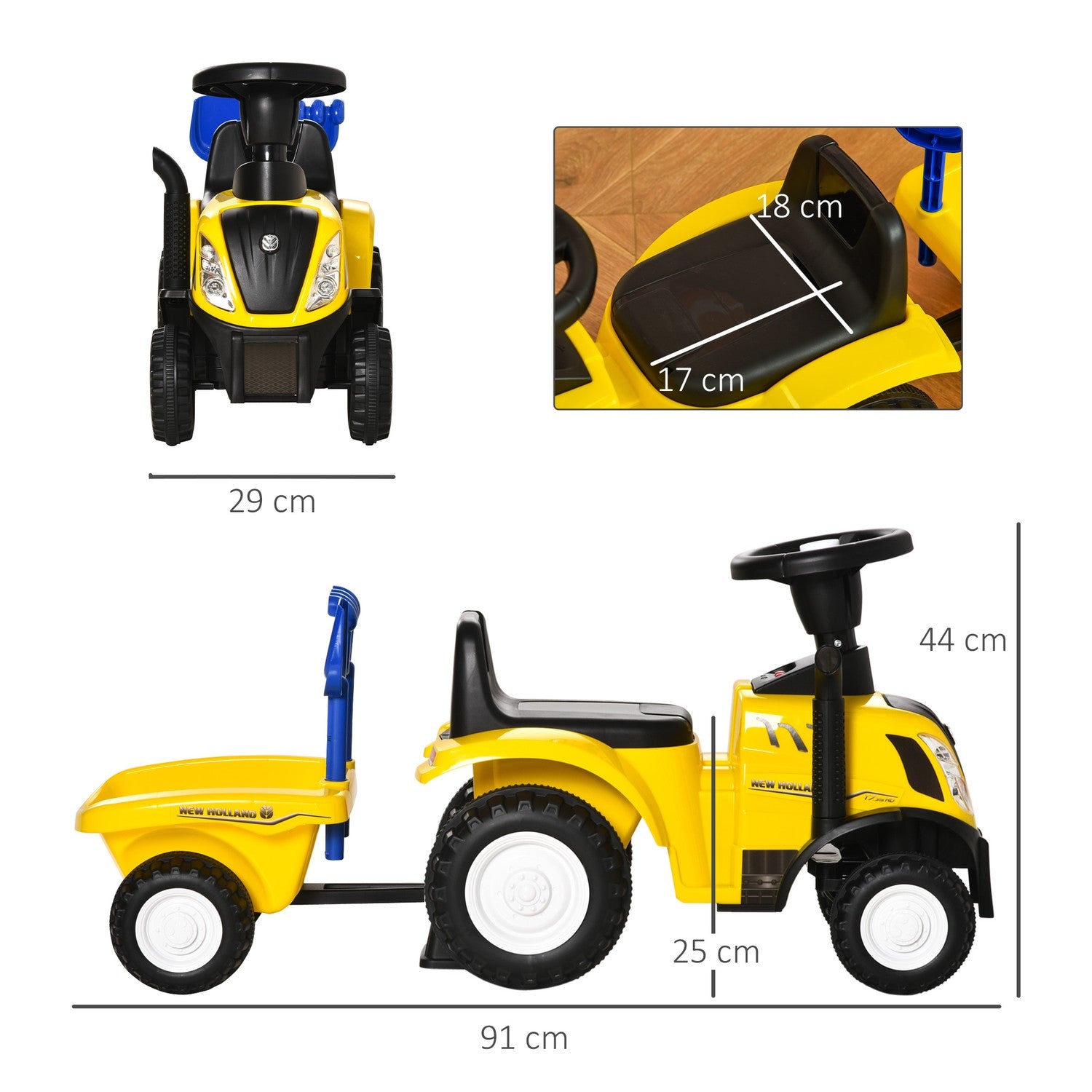Gul åktraktor med släp och horn för barn