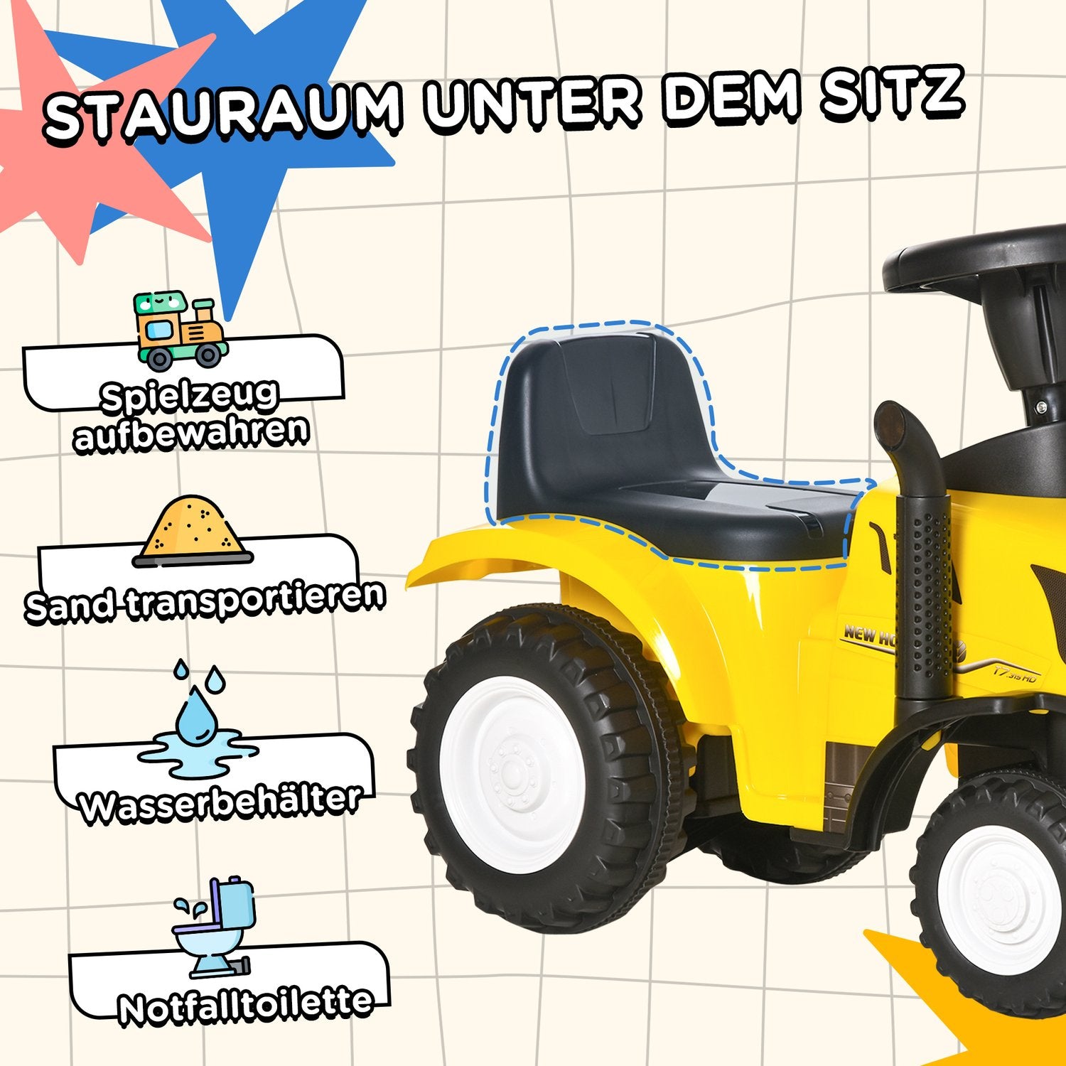 Gul åktraktor med släp och horn för barn