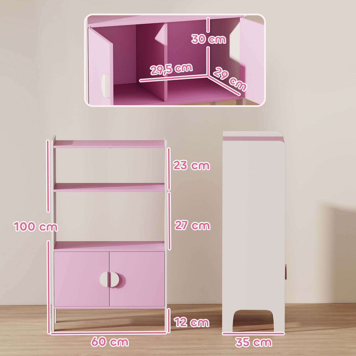 Barnbokhylla, 2 hyllor, 2 skåp, tippskydd, MDF