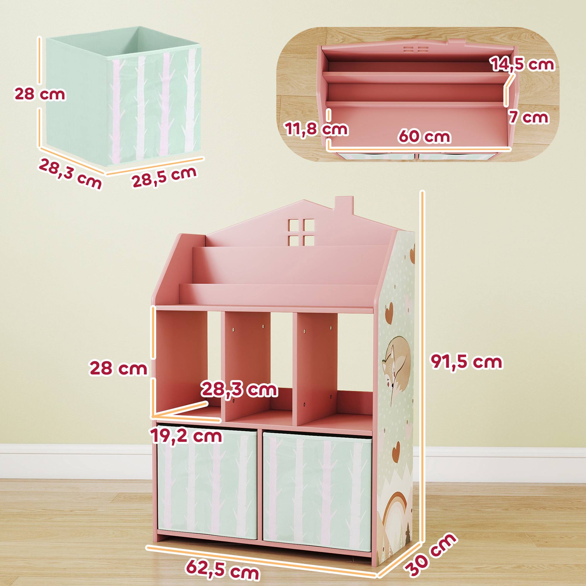 Barnbokhylla med 2 tyglådor, rosa, 91,5 cm